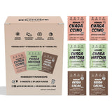 Renude Mushroom Variety Pack front view with Chaggaccino, Matcha, and Cacao