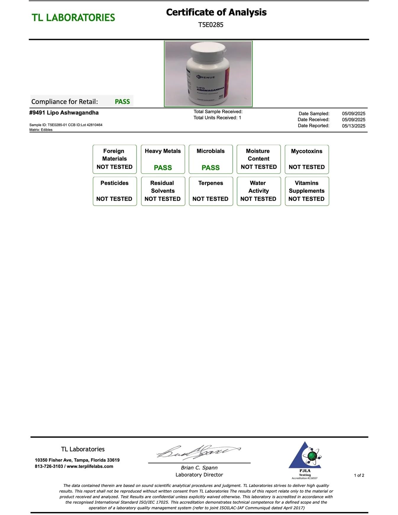 Renue By Science Ashwagandha Liposomal Capsules side view showing dosage