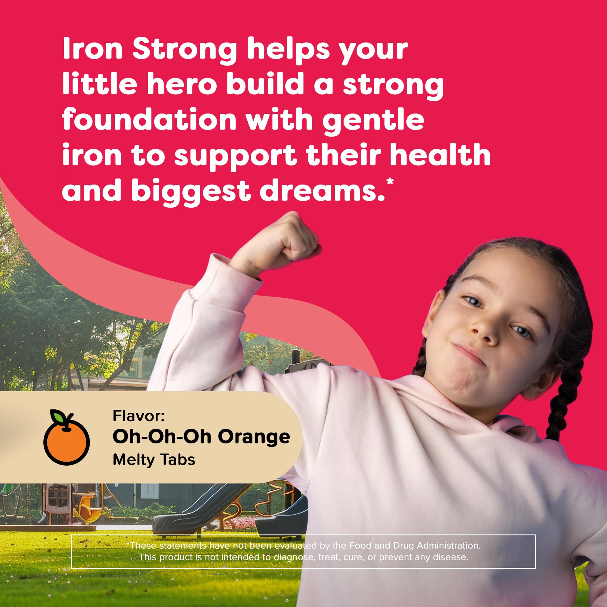 Renzo's Melty Kids Iron Supplement packaging with orange flavour