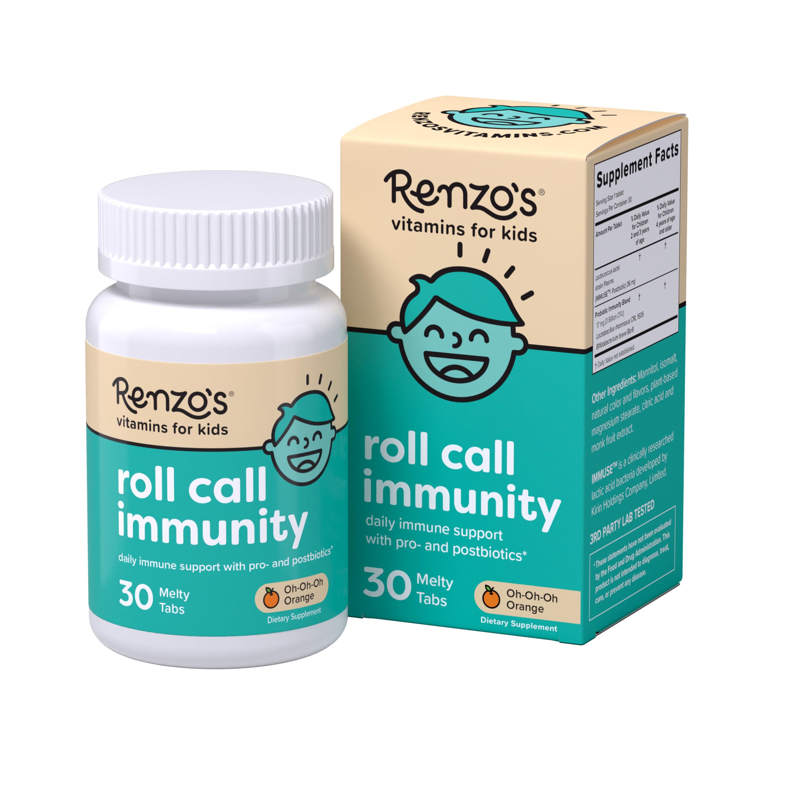 Renzo's Roll Call daily wellness Melty Vitamins for Kids packaging front view