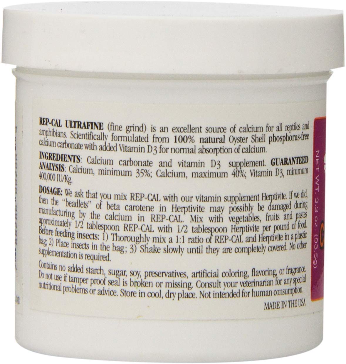 Rep-Cal Ultrafine Calcium Powder back view with ingredient details
