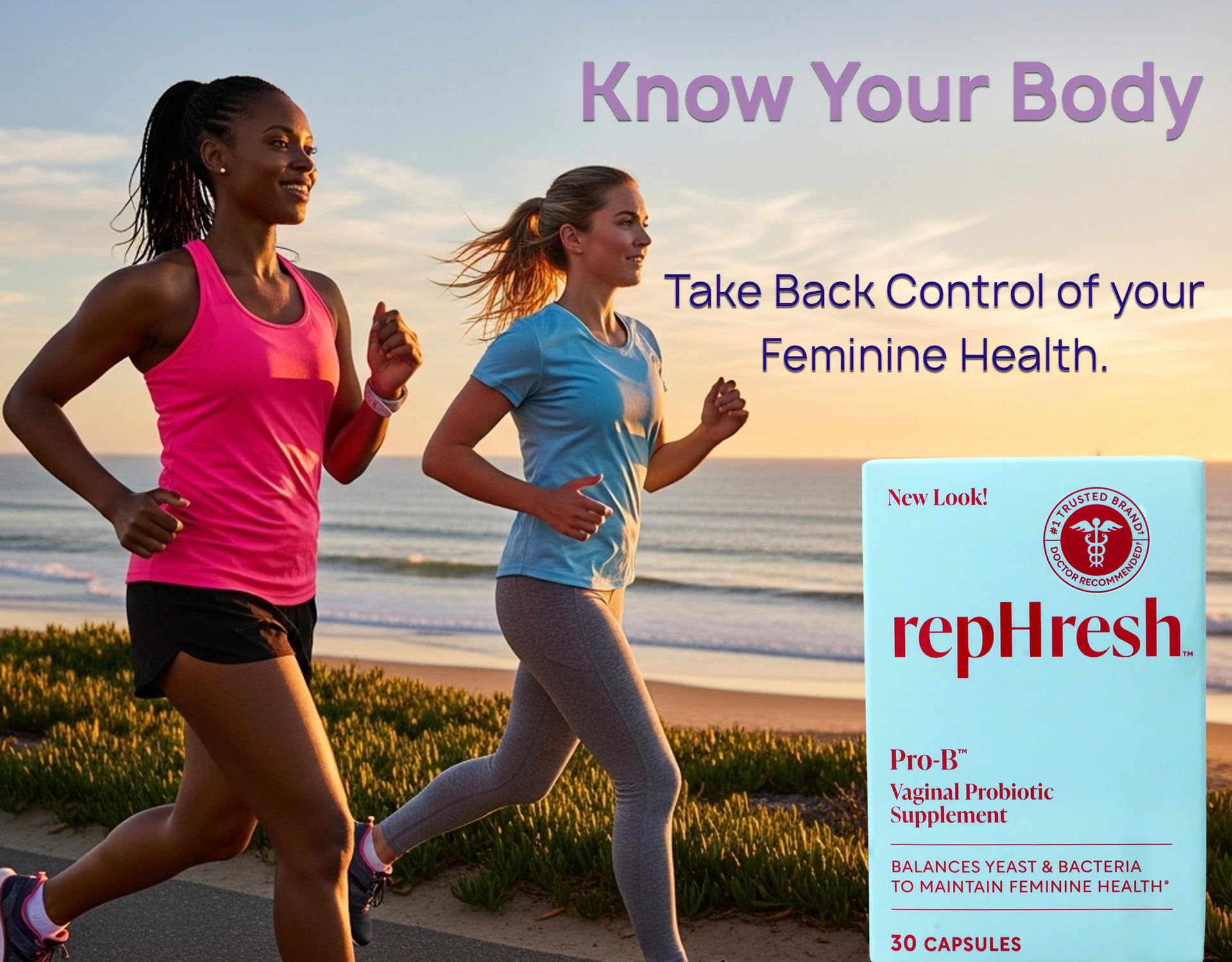 Rephresh Pro-B Probiotic Feminine Supplement back view of packaging