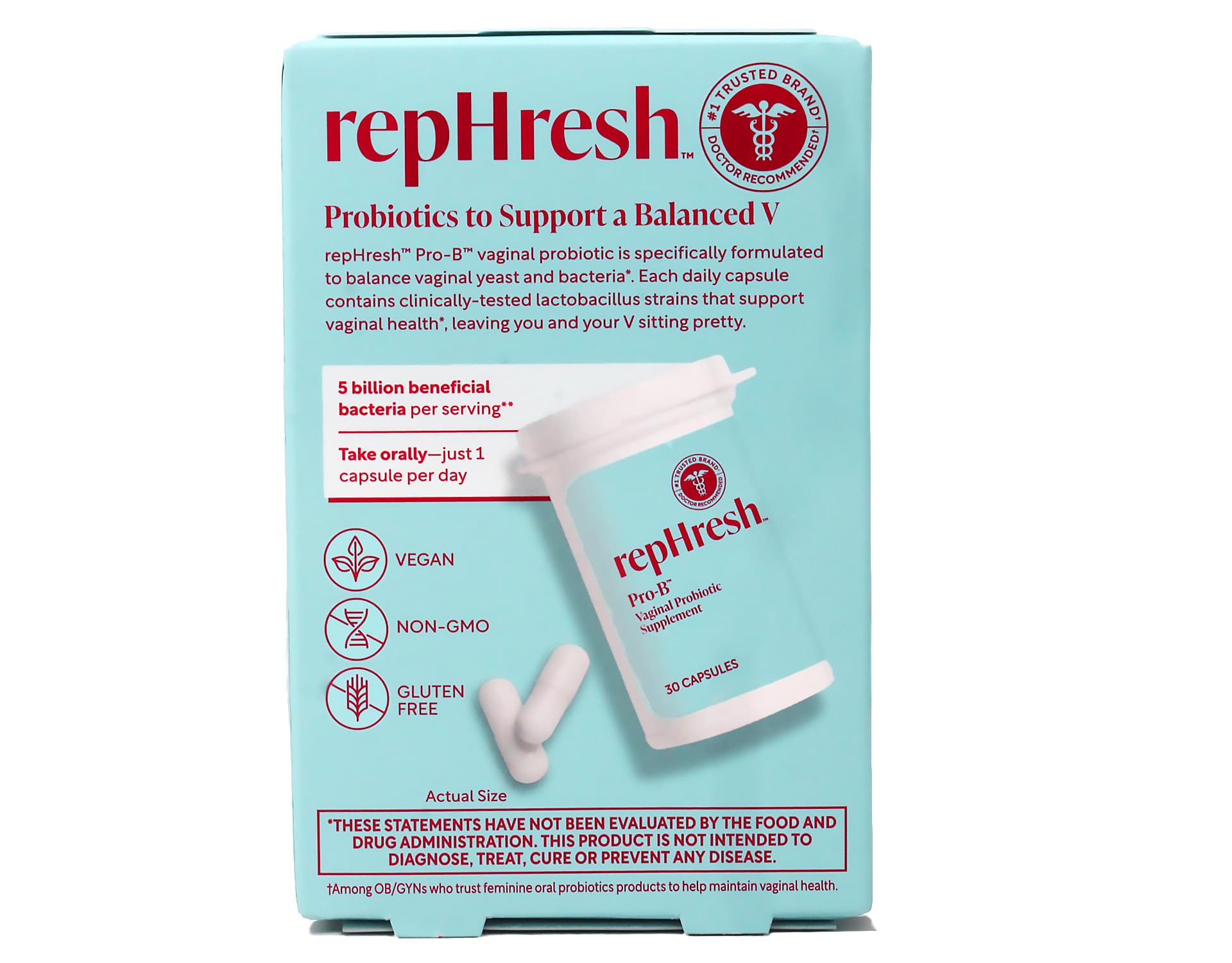 Rephresh Pro-B Probiotic Feminine Supplement packaging side view