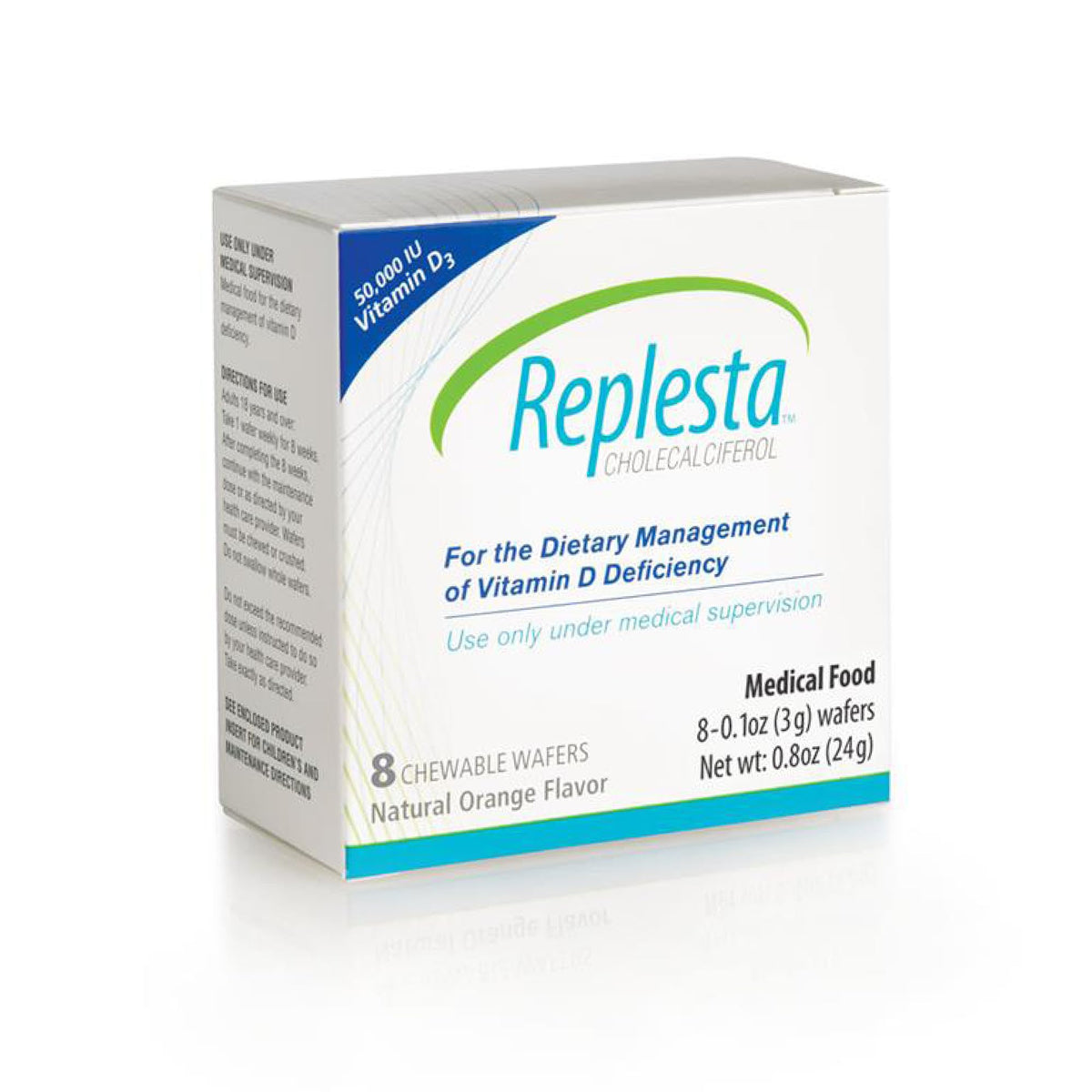 Replesta Vitamin D3 chewable wafer box front view with orange flavour