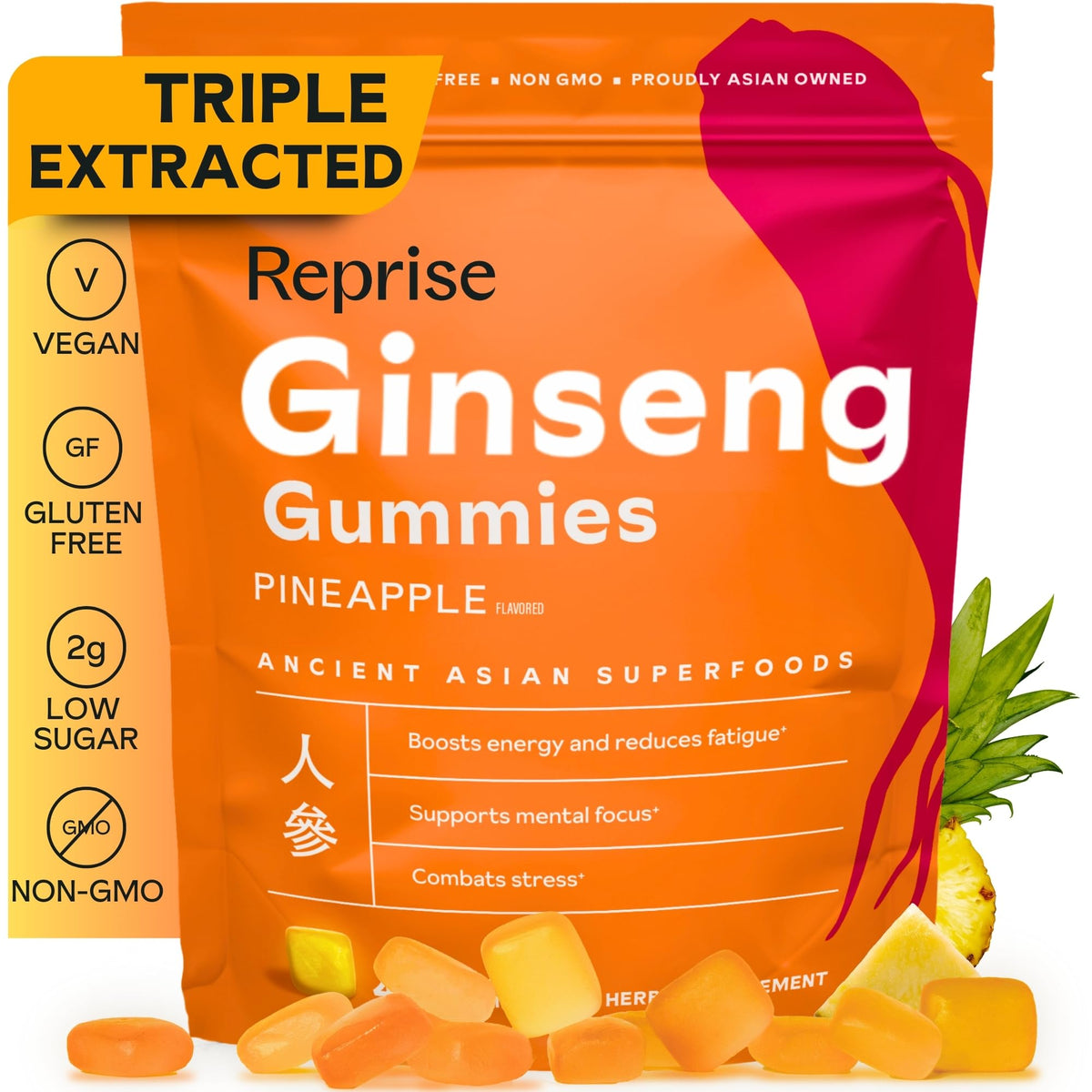 Reprise Panax Ginseng Gummies 240mg pineapple flavour front view