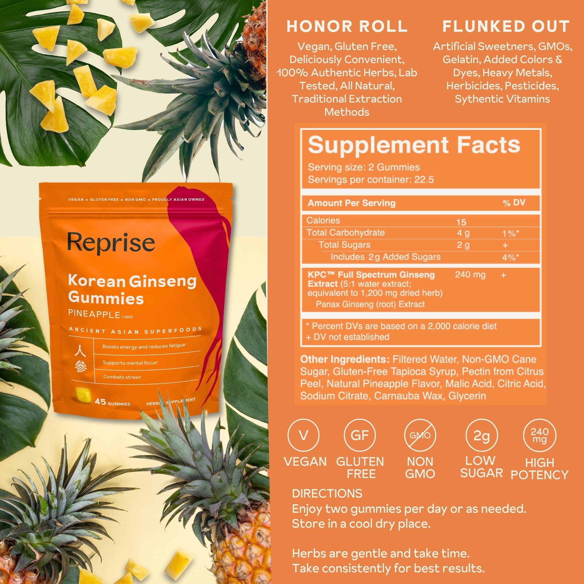 Reprise Panax Ginseng Gummies nutritional information on packaging