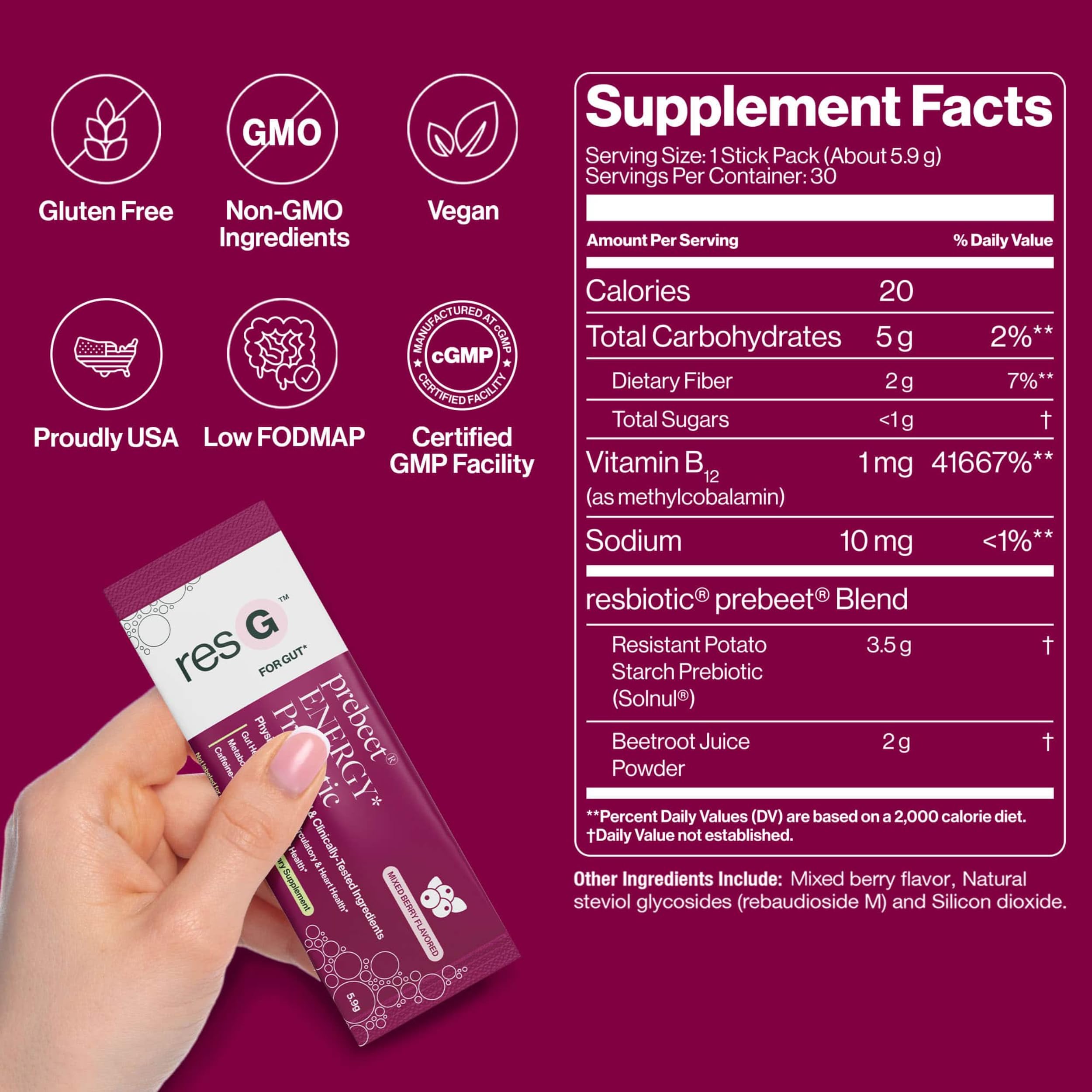 ResBiotic Prebiotic Supplement 176g back view with ingredient details