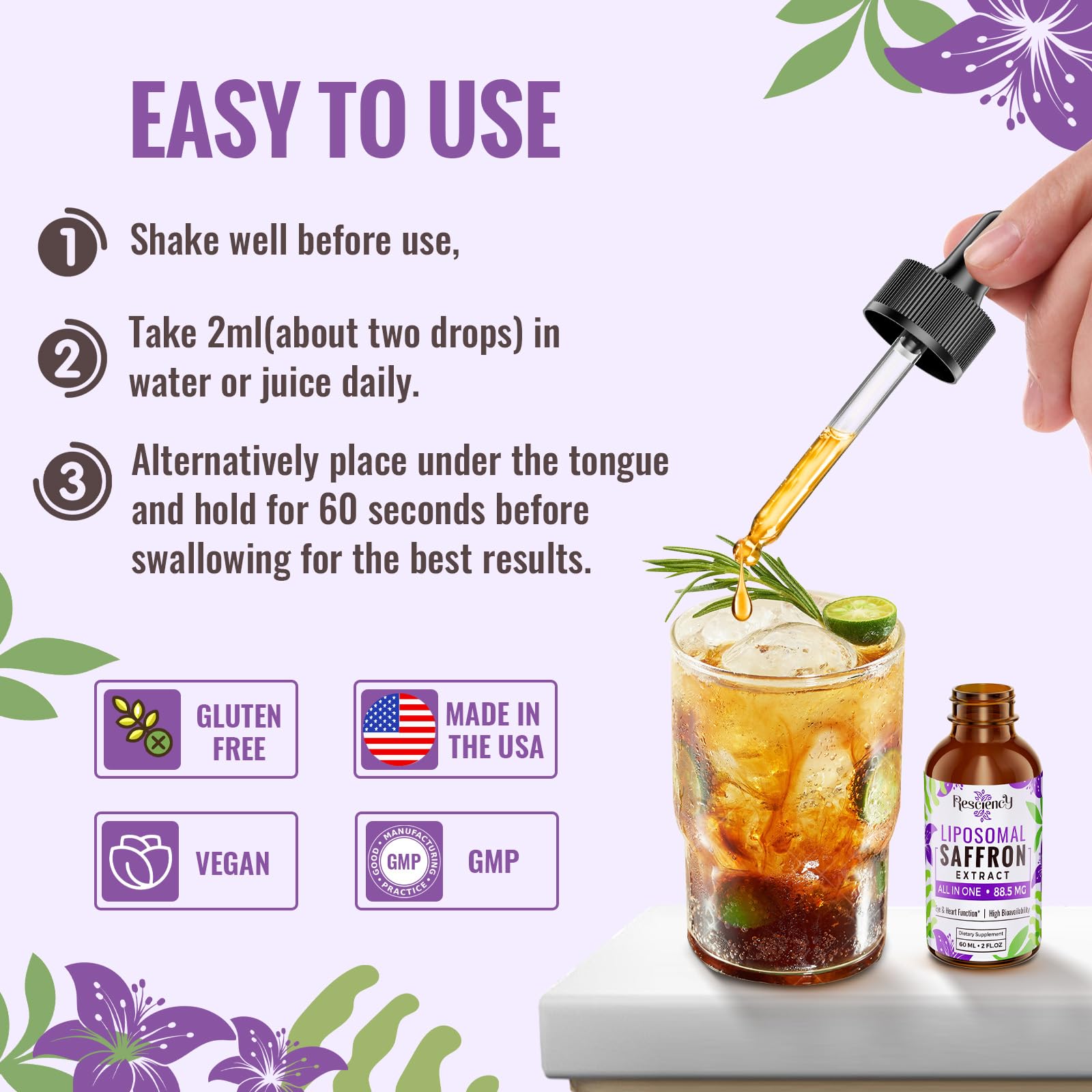 Resciency Liposomal Saffron Extract Drops serving size measurement