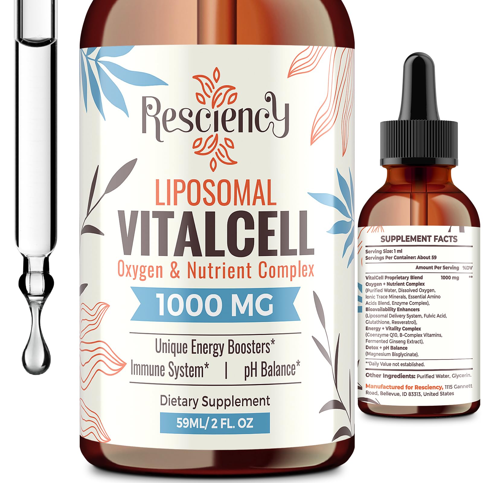 Resciency Liquid Oxygen Drops 1000mg bottle front view
