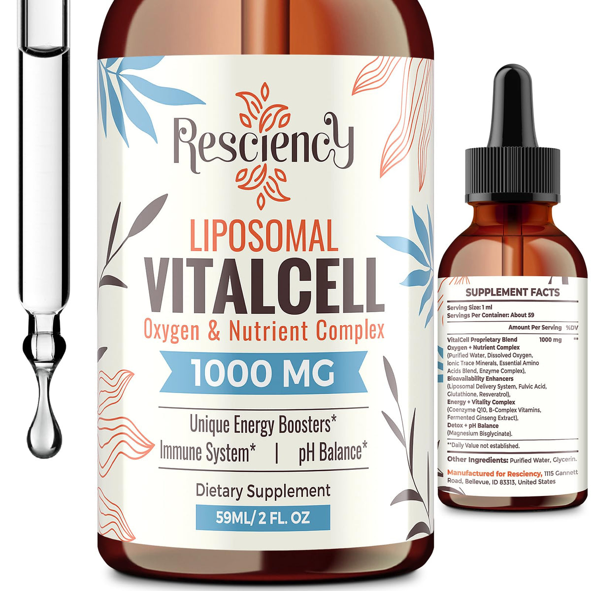 Resciency Liquid Oxygen Drops 1000mg bottle front view
