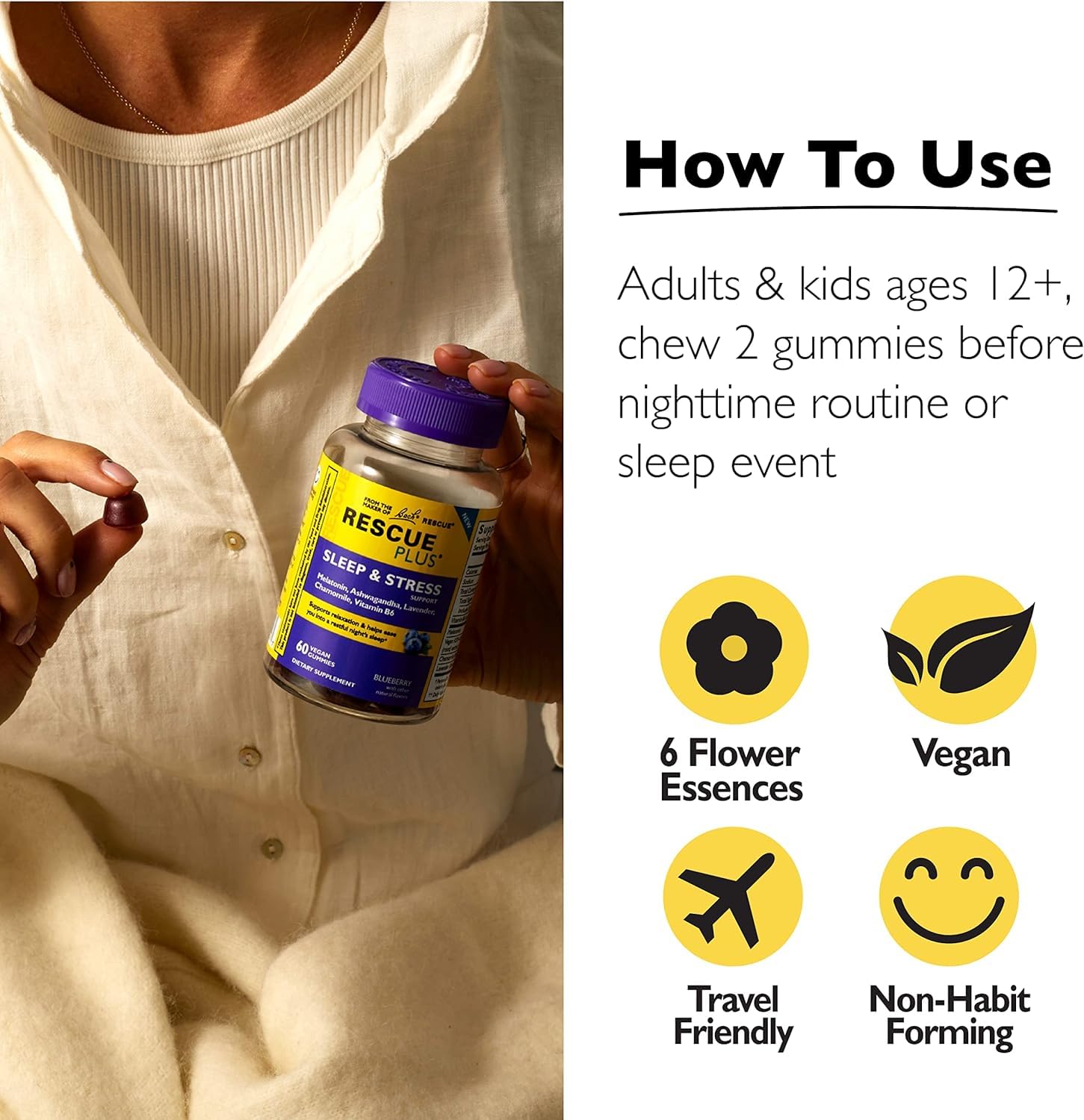 RESCUE Bach Plus Sleep & Stress Support Gummies in a lifestyle setting