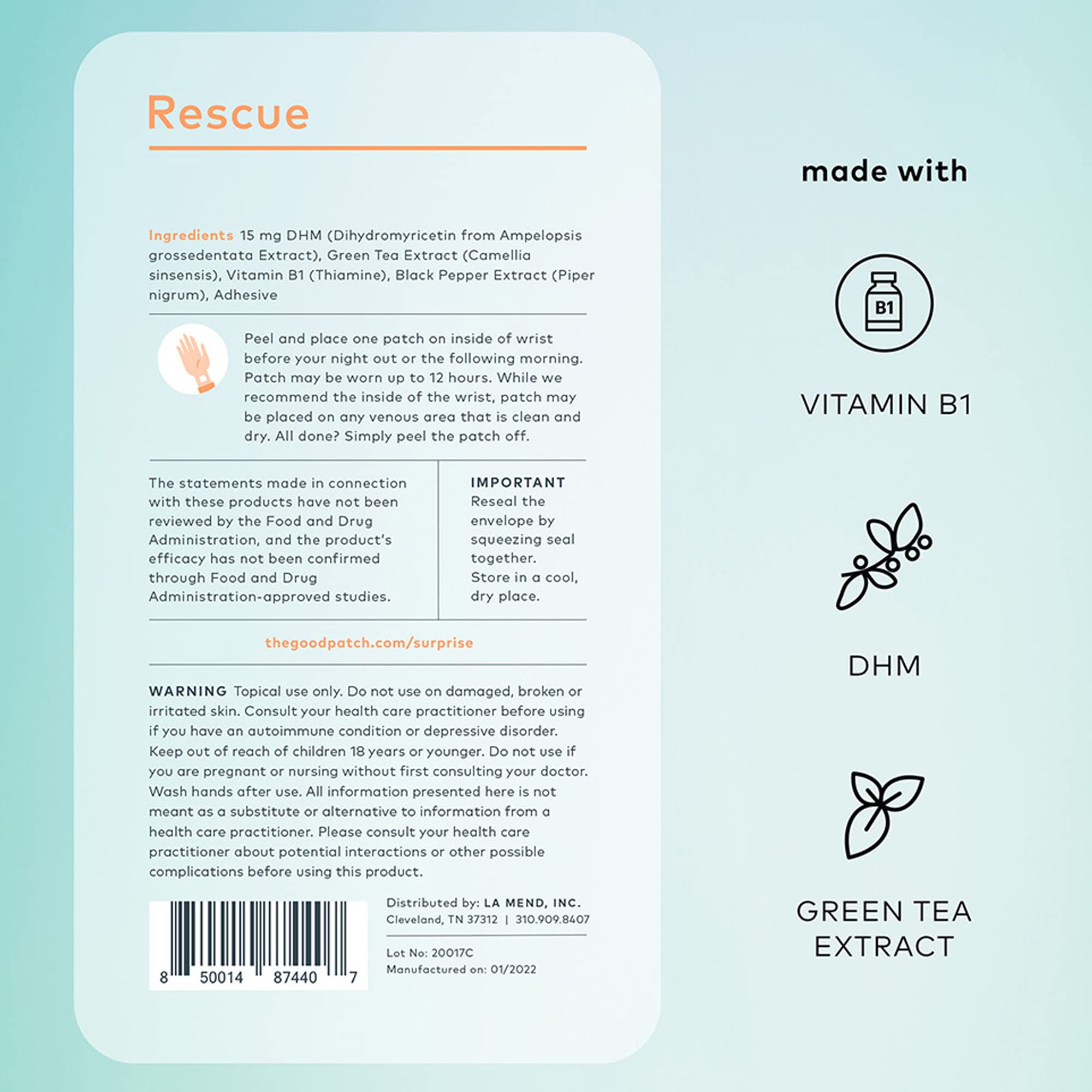 RESCUE patch from The Good Patch, featuring DHM and green tea extract