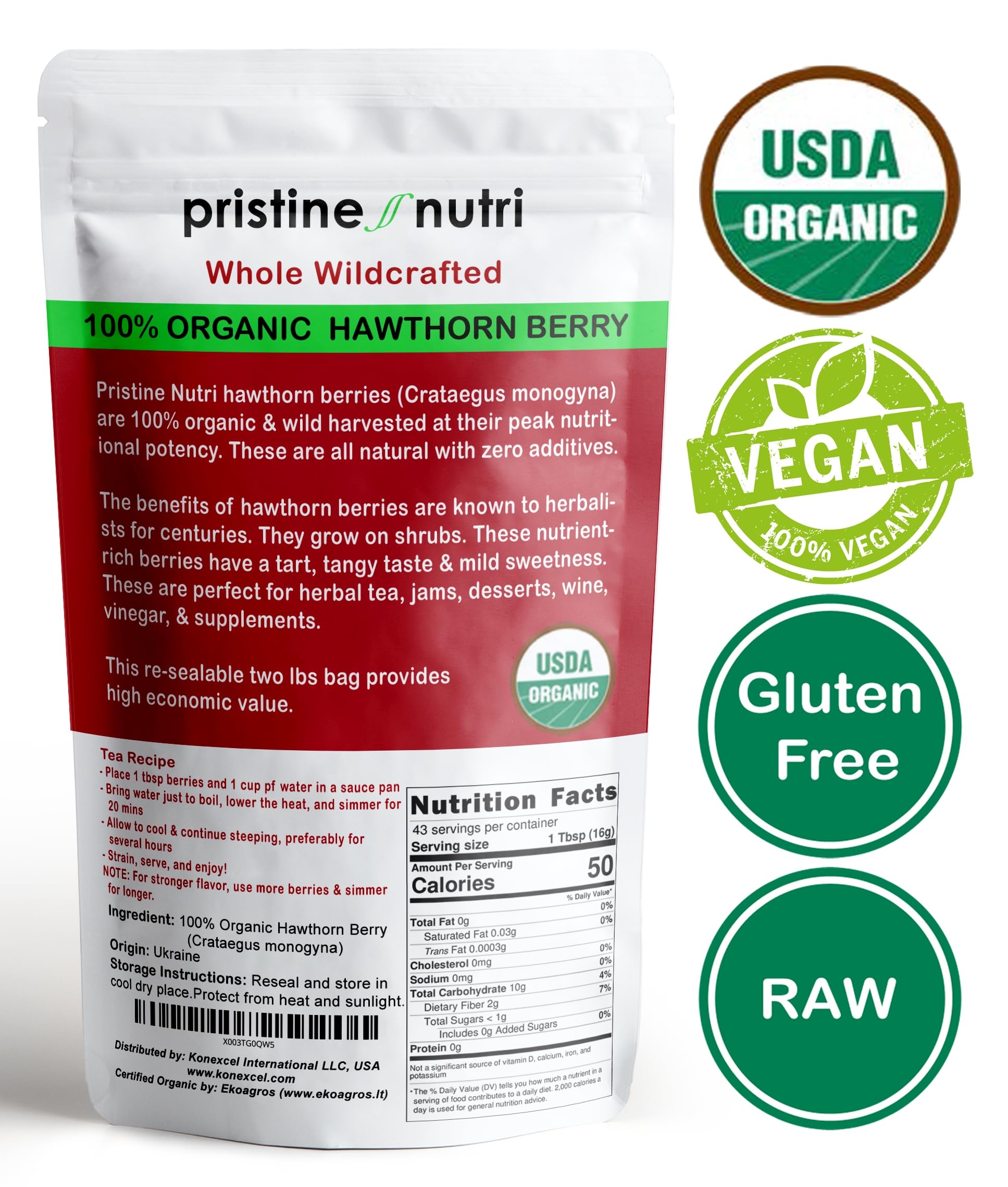 Resealable bag of Pristine Nutri Organic Dried Hawthorn Berries