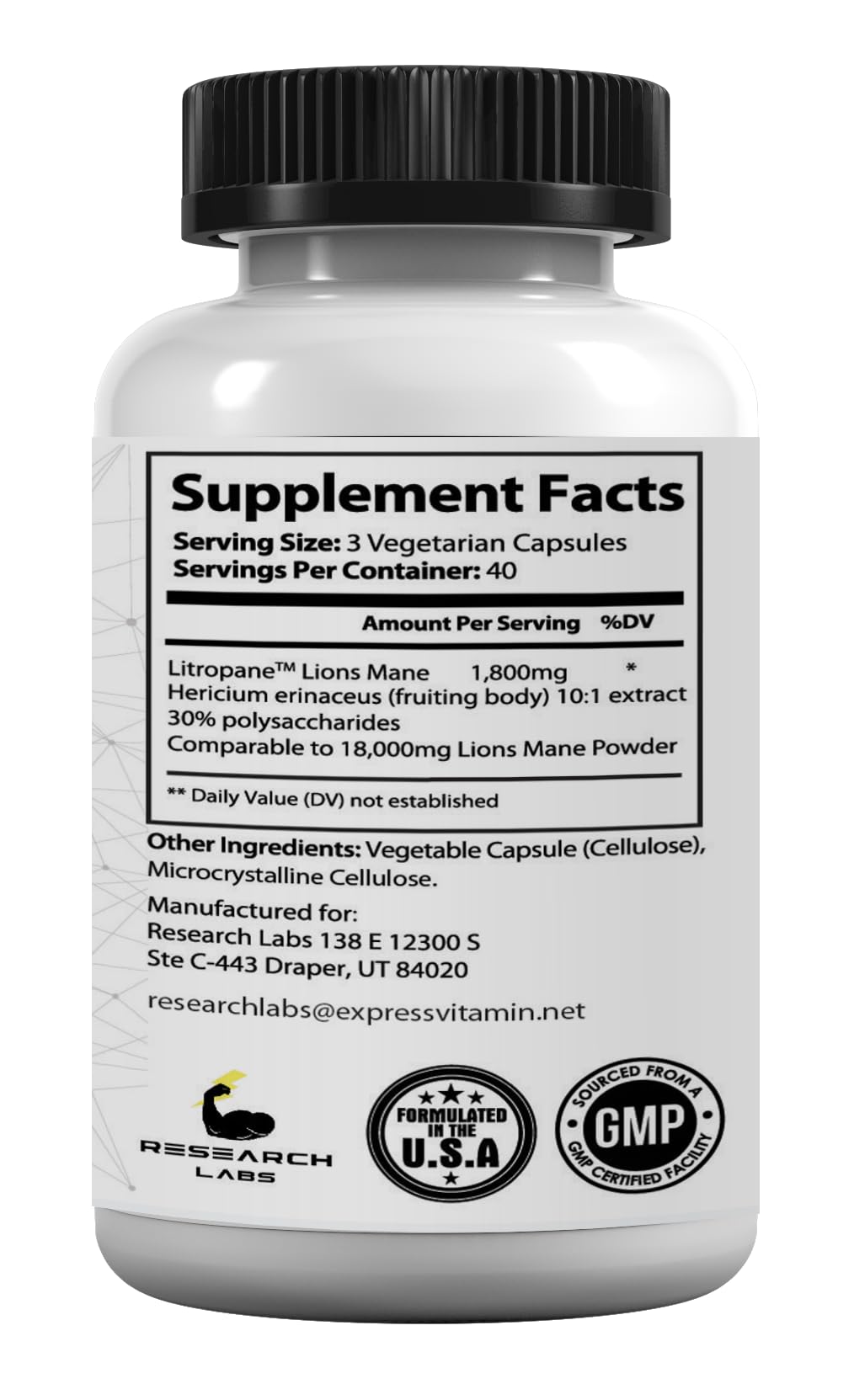 Research Labs Lion's Mane Mushroom Supplement bottle back view with ingredient details