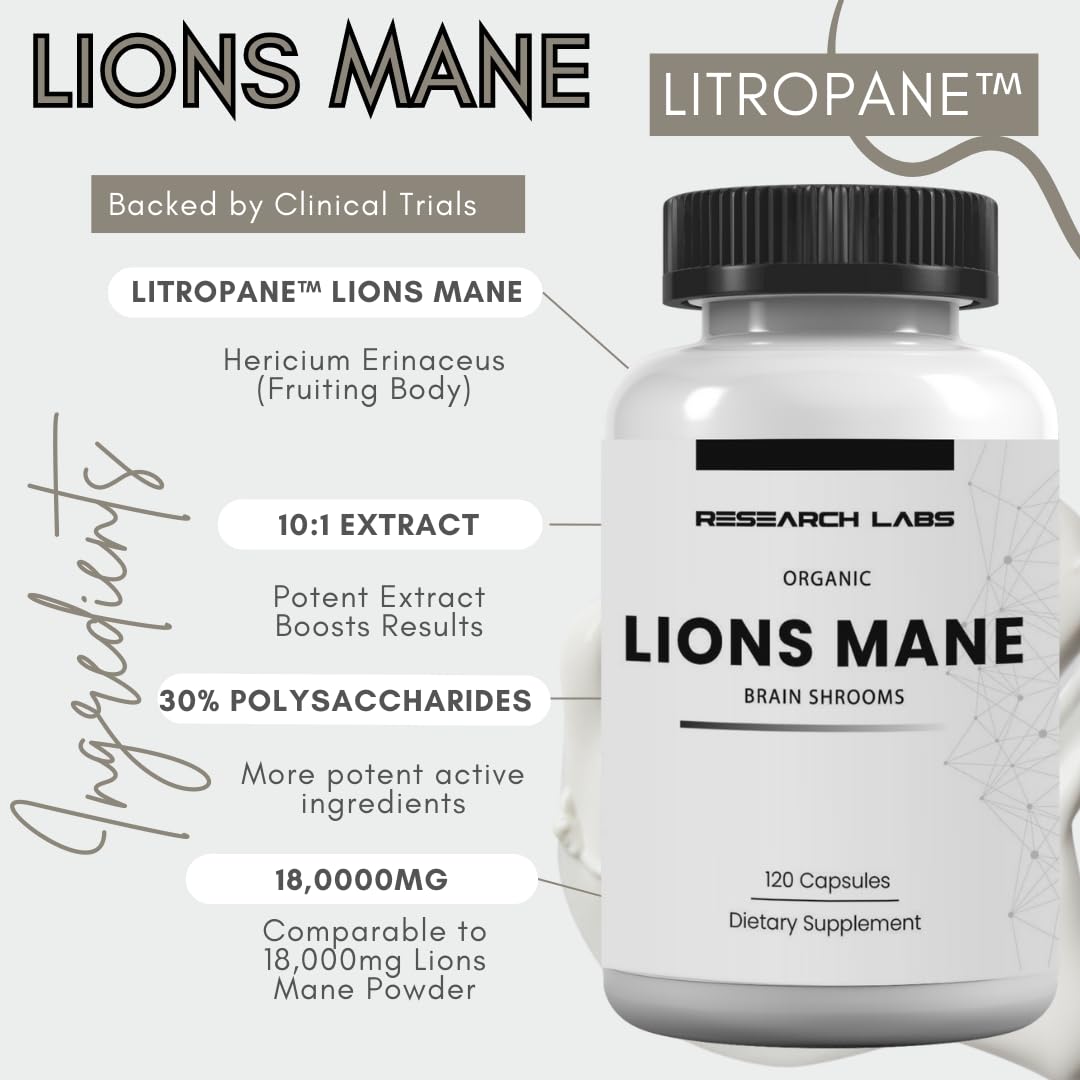 Research Labs Lion's Mane Mushroom Supplement side view with label