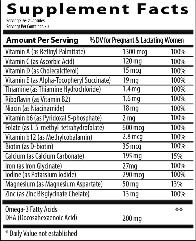 Research Labs Prenatal Vitamins on a kitchen counter