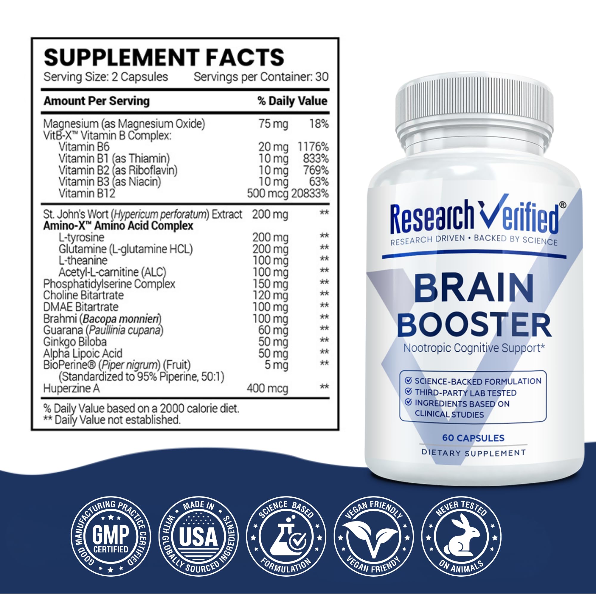 Research Verified Brain support supplement on a table