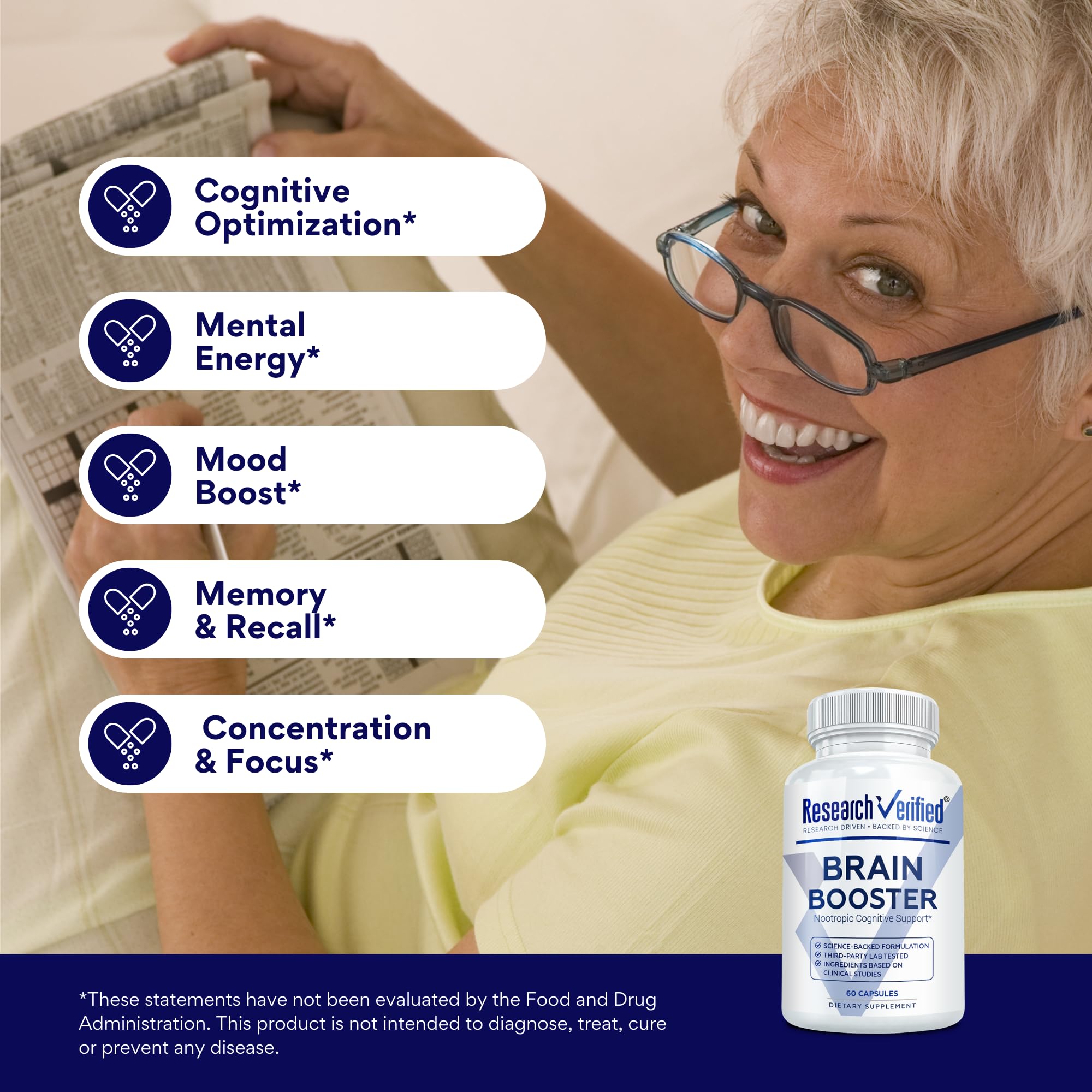 Research Verified Brain support supplement with a glass of water