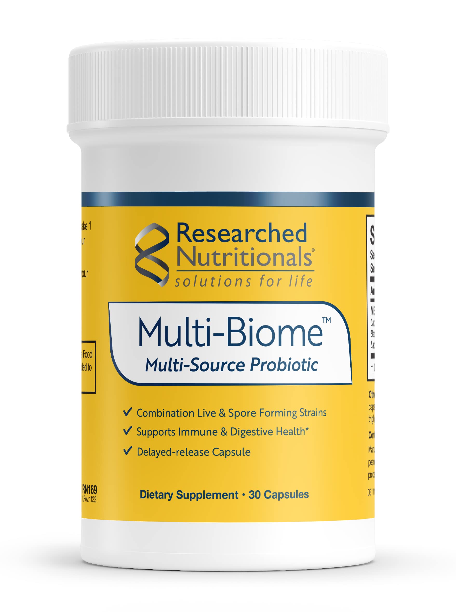 Researched Nutritionals Multi-Biome supplement front view with capsule bottle
