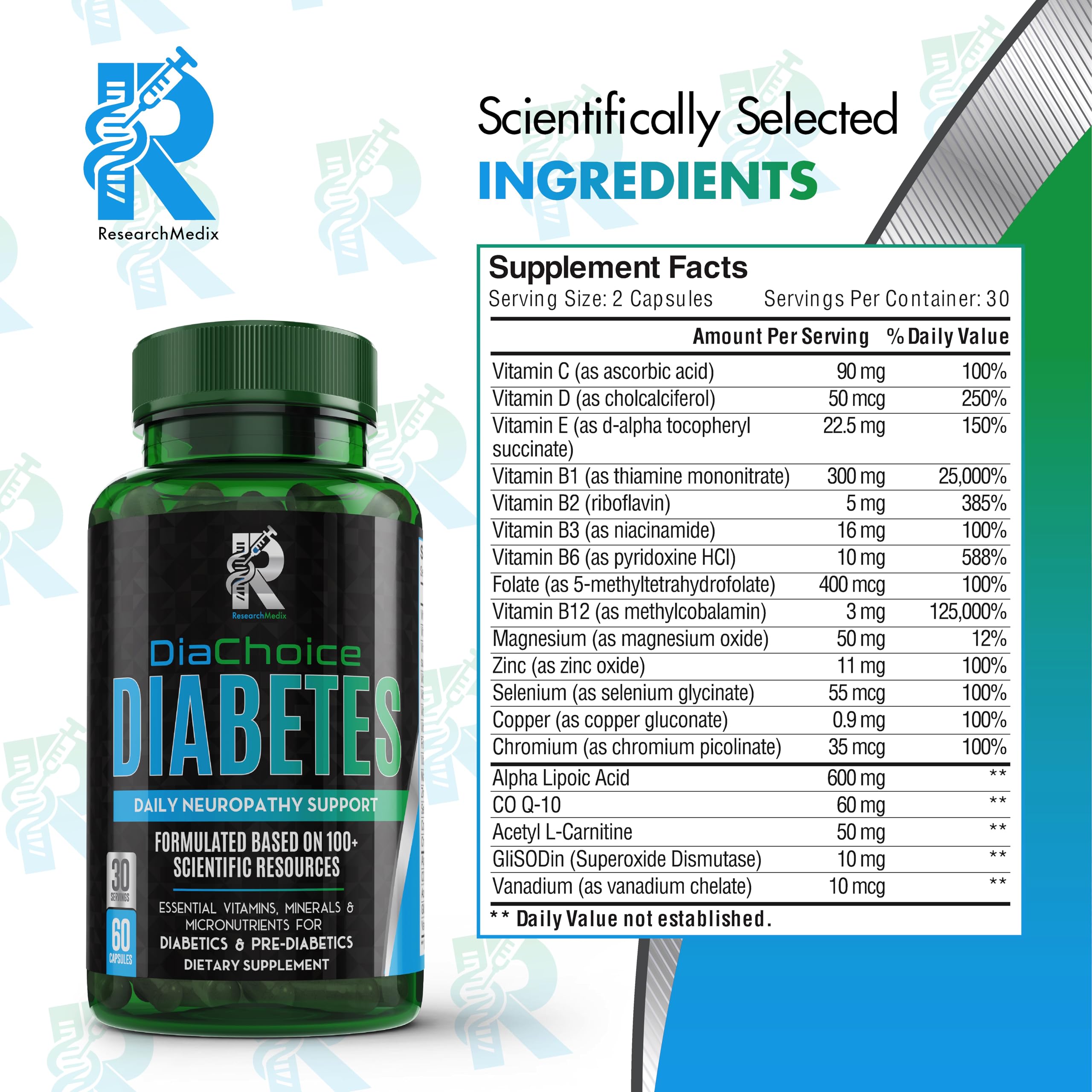ResearchMedix DiaChoice bottle with label showing ingredients