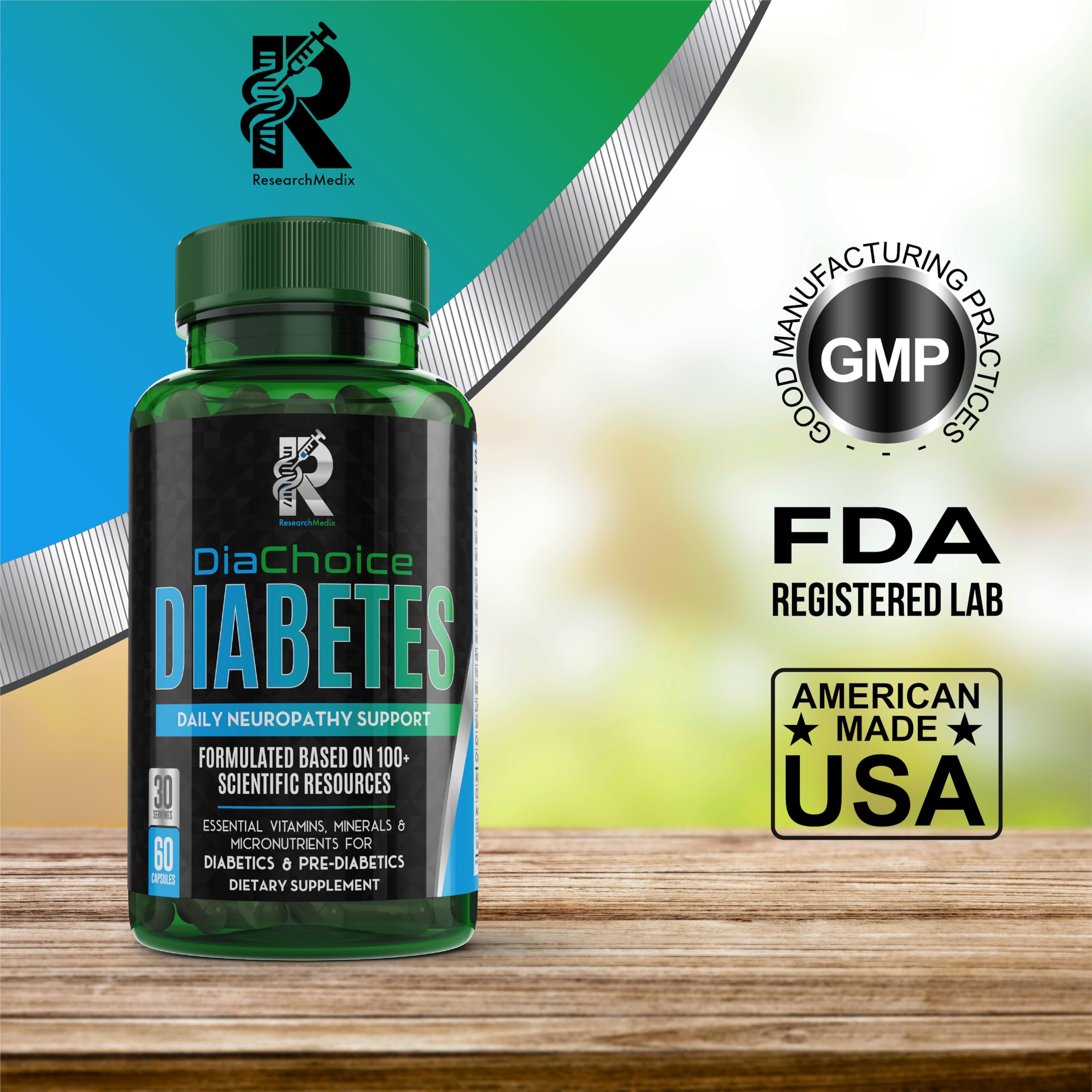ResearchMedix DiaChoice supplement bottle on a wooden table
