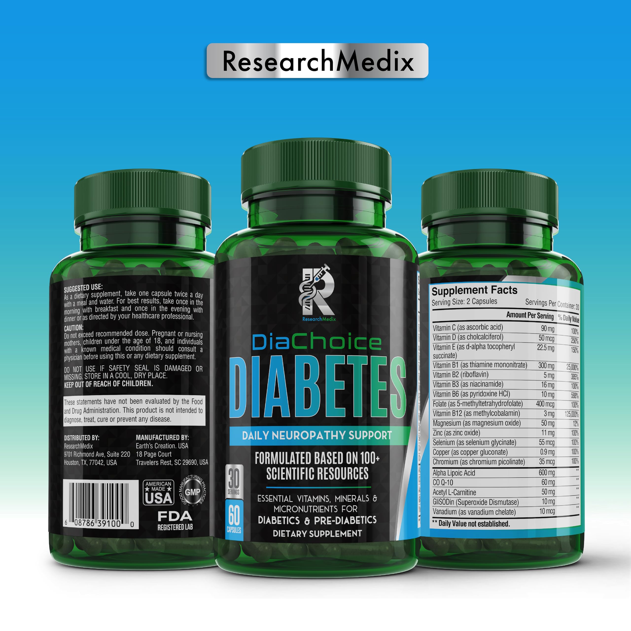 ResearchMedix DiaChoice supplement bottle showing dosage information