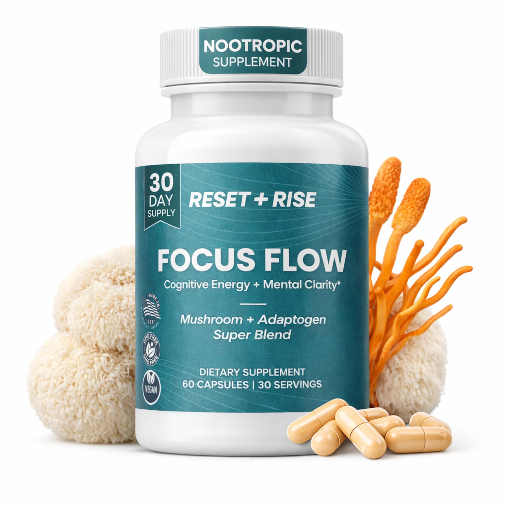 Reset+Rise Nootropic Mushroom Blend Supplement front view
