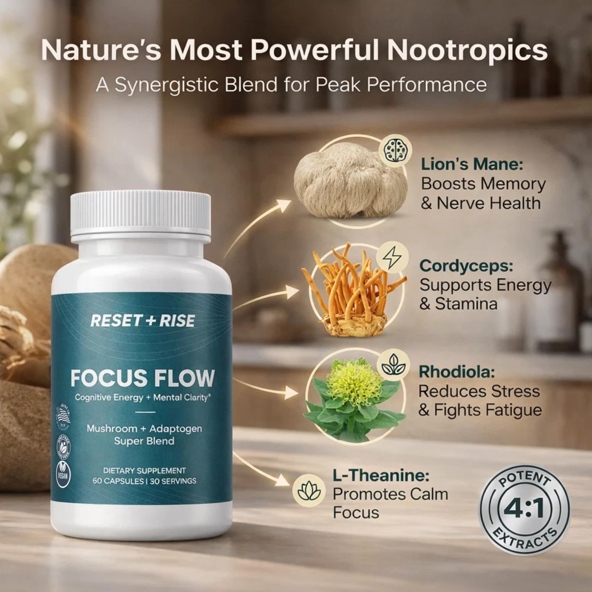 Reset+Rise Nootropic Mushroom Blend Supplement packaging