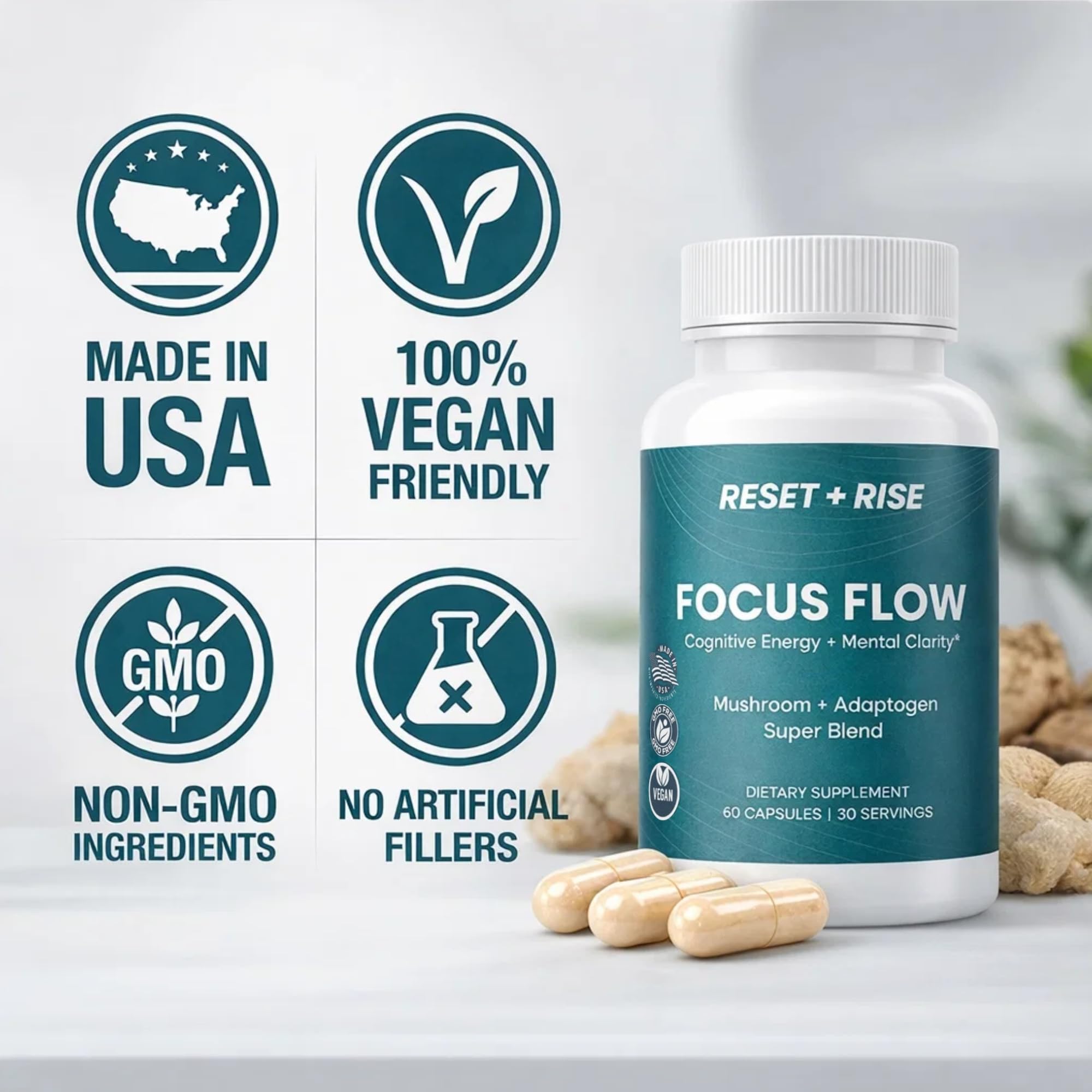 Reset+Rise Nootropic Mushroom Blend Supplement with a glass of water