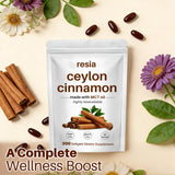 RESIA Ceylon Cinnamon Softgels displayed with herbs