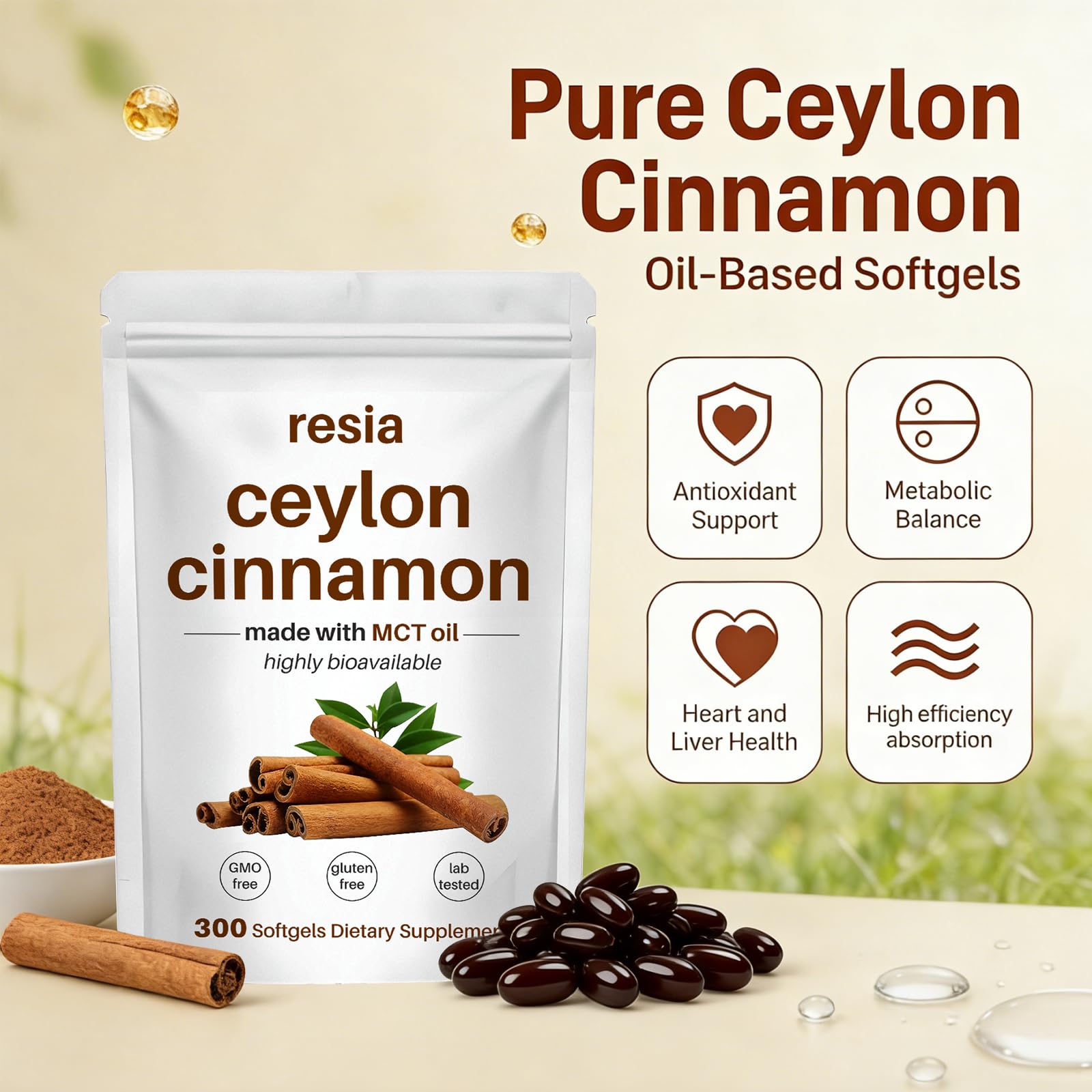 RESIA Ceylon Cinnamon Softgels on a wooden table