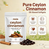 RESIA Ceylon Cinnamon Softgels on a wooden table