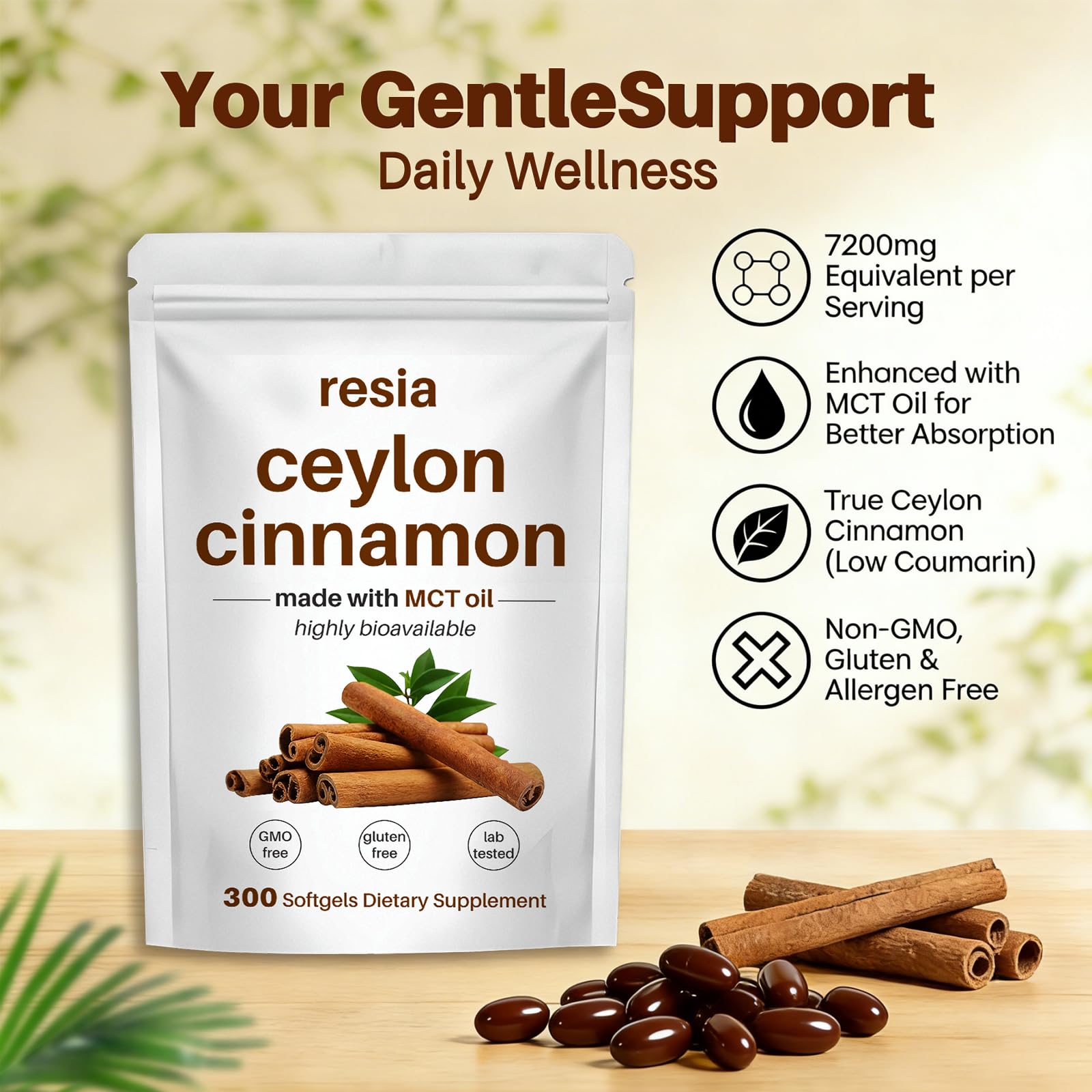 RESIA Ceylon Cinnamon Softgels packaging with coconut MCT oil