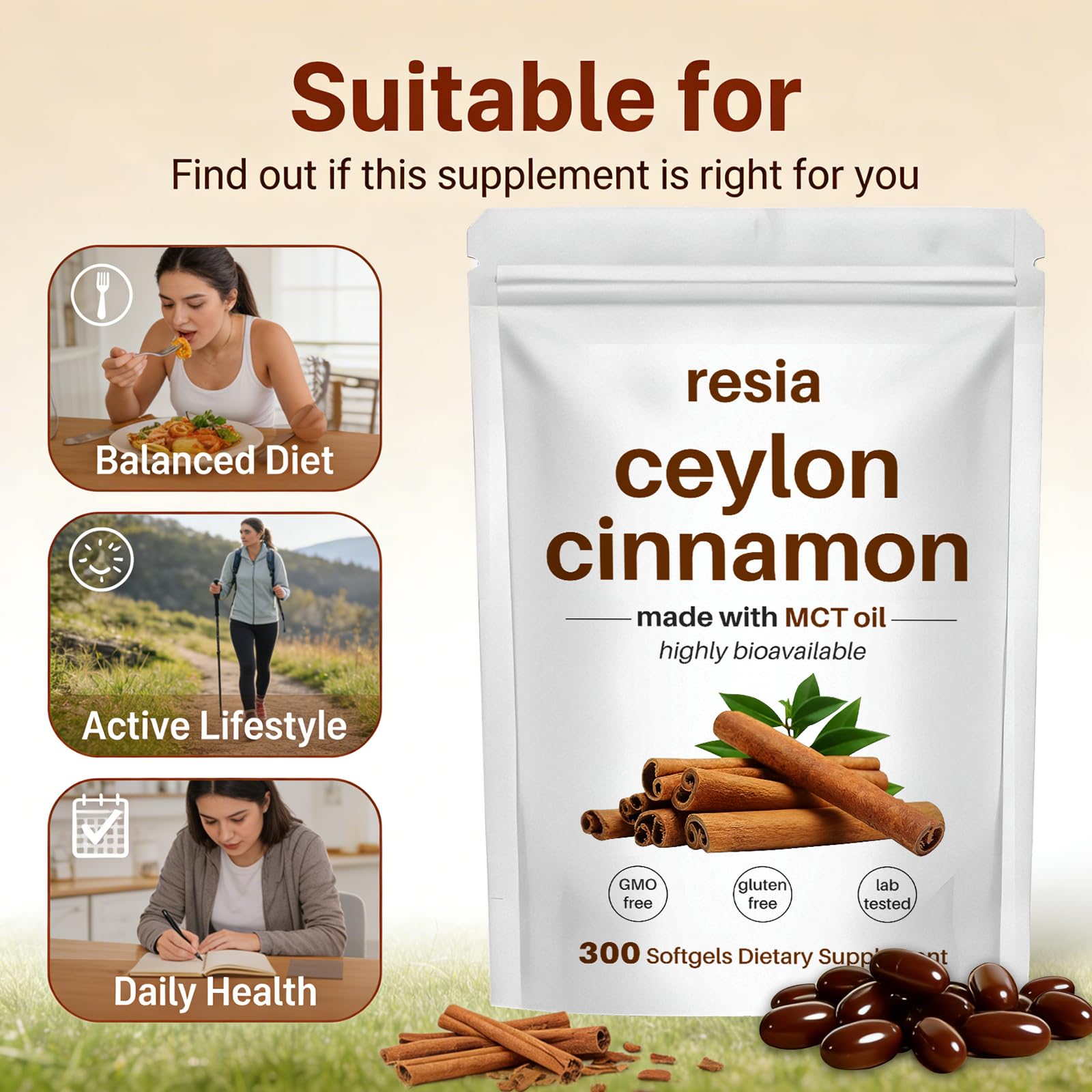 RESIA Ceylon Cinnamon Softgels side view showing softgel capsules