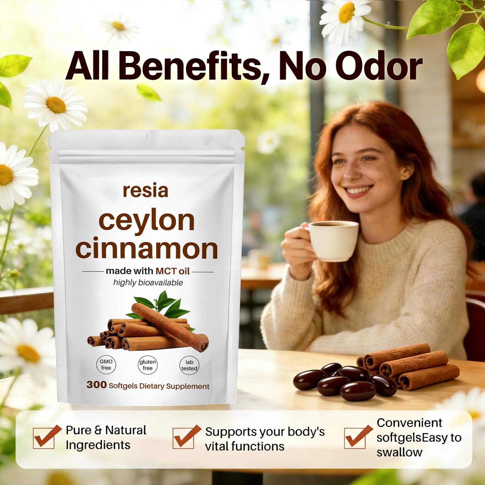 RESIA Ceylon Cinnamon Softgels with a measuring spoon