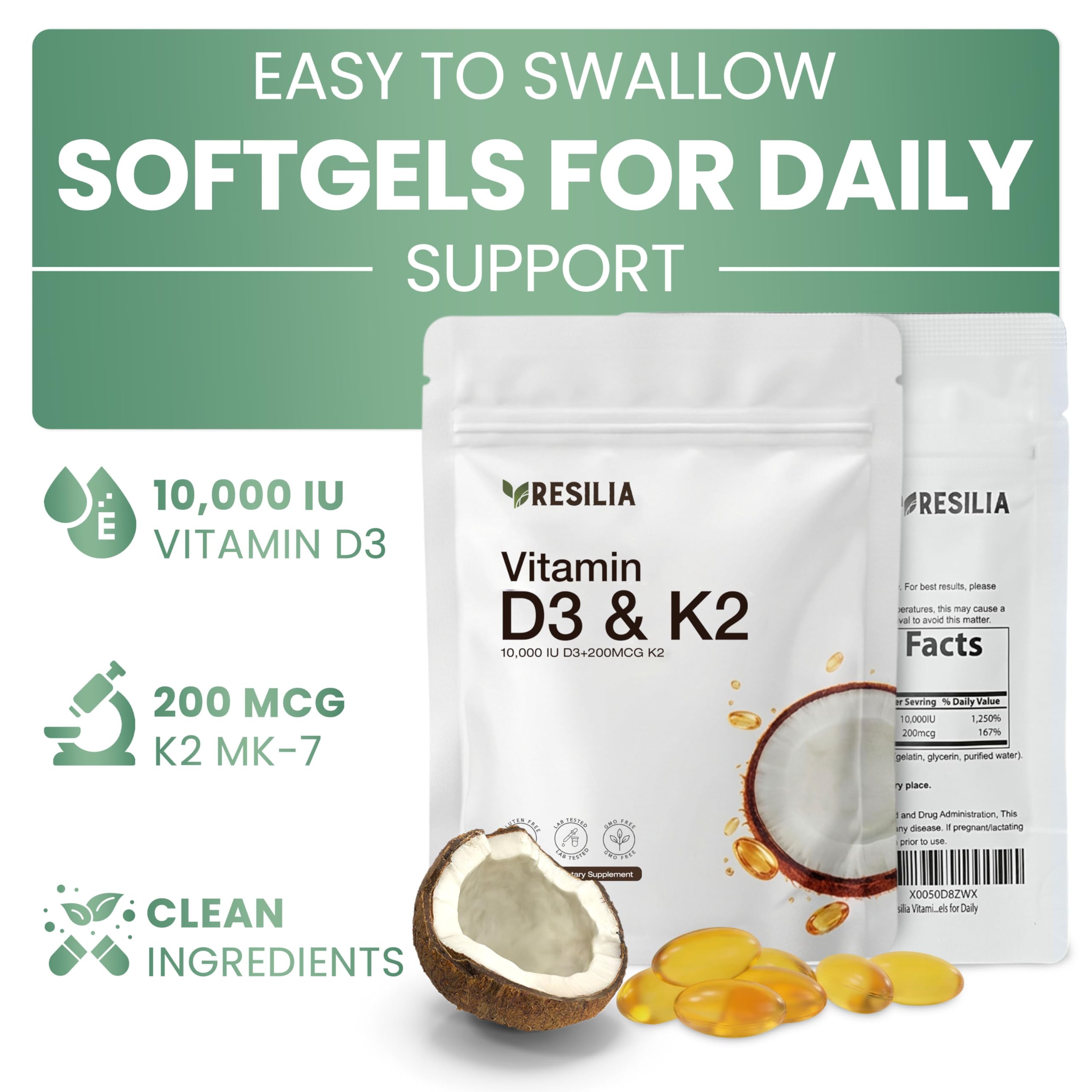 Resilia Oil Of Oregano Vitamin D3 K2 Softgels side view