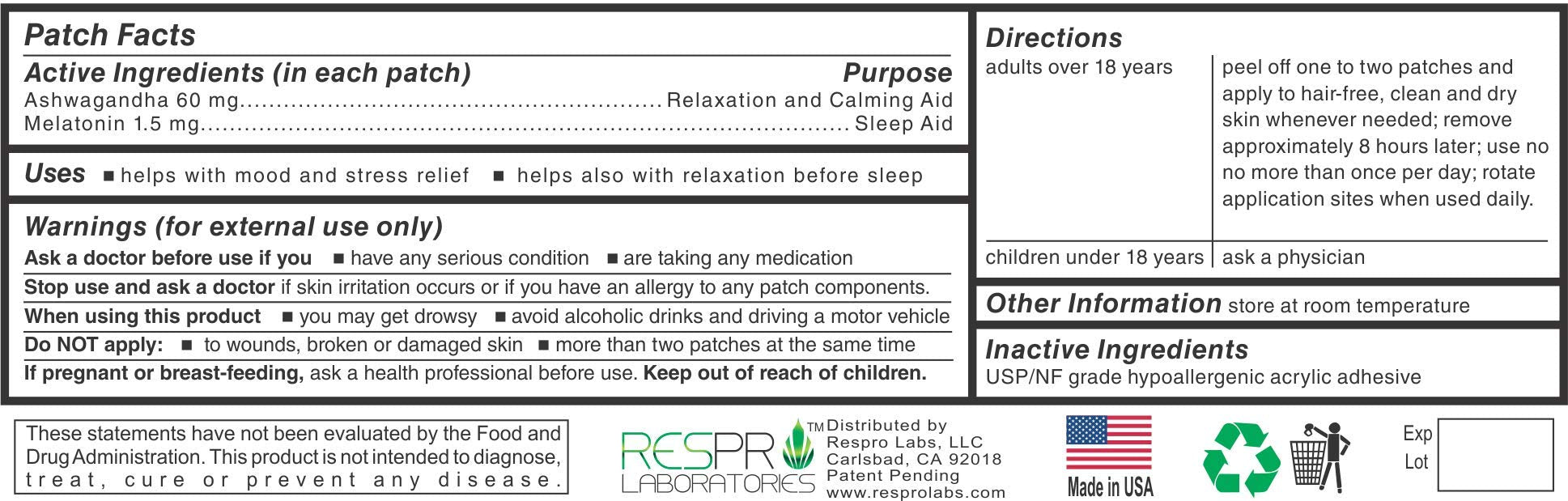 Respro Laboratories Ashwagandha Patch packaging details