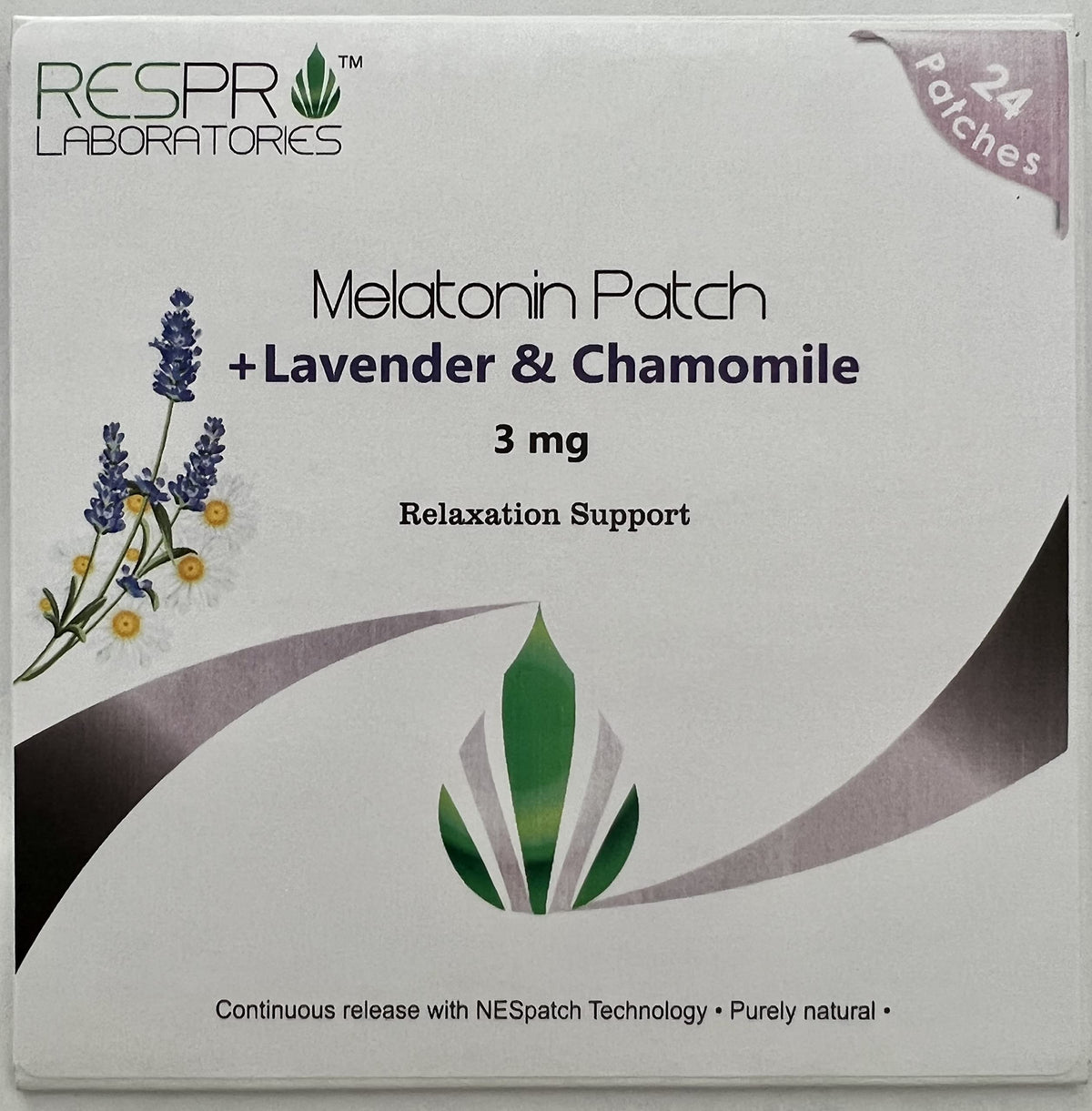 Respro Laboratories Natural Melatonin Patch 3 mg front view with lavender and chamomile