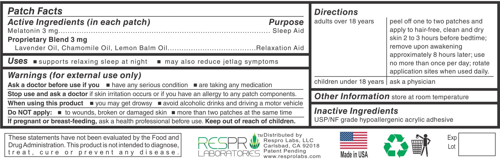 Respro Laboratories Natural Melatonin Patch 3 mg packaging side view