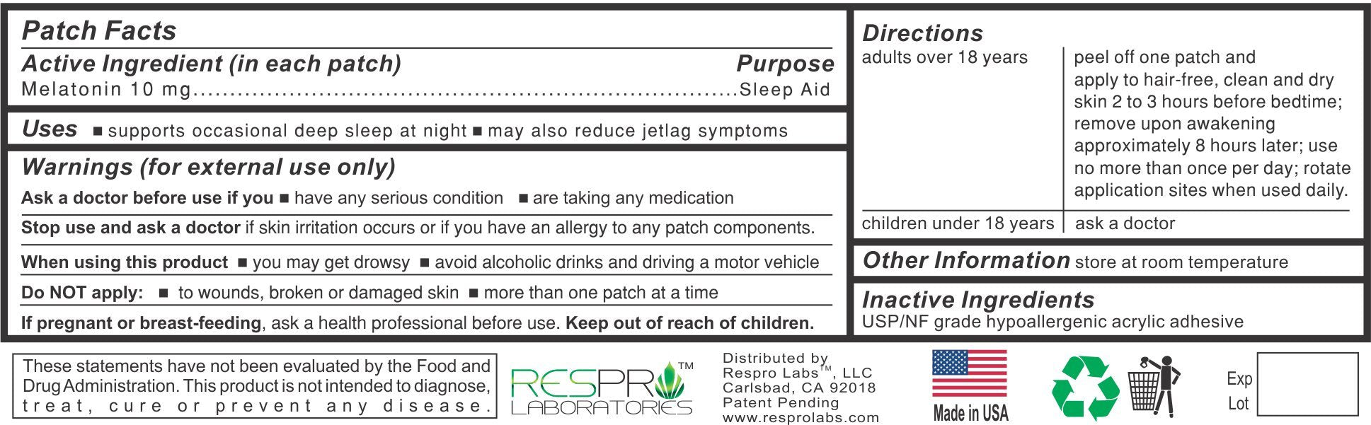 Respro Laboratories Natural Melatonin Patch packaging