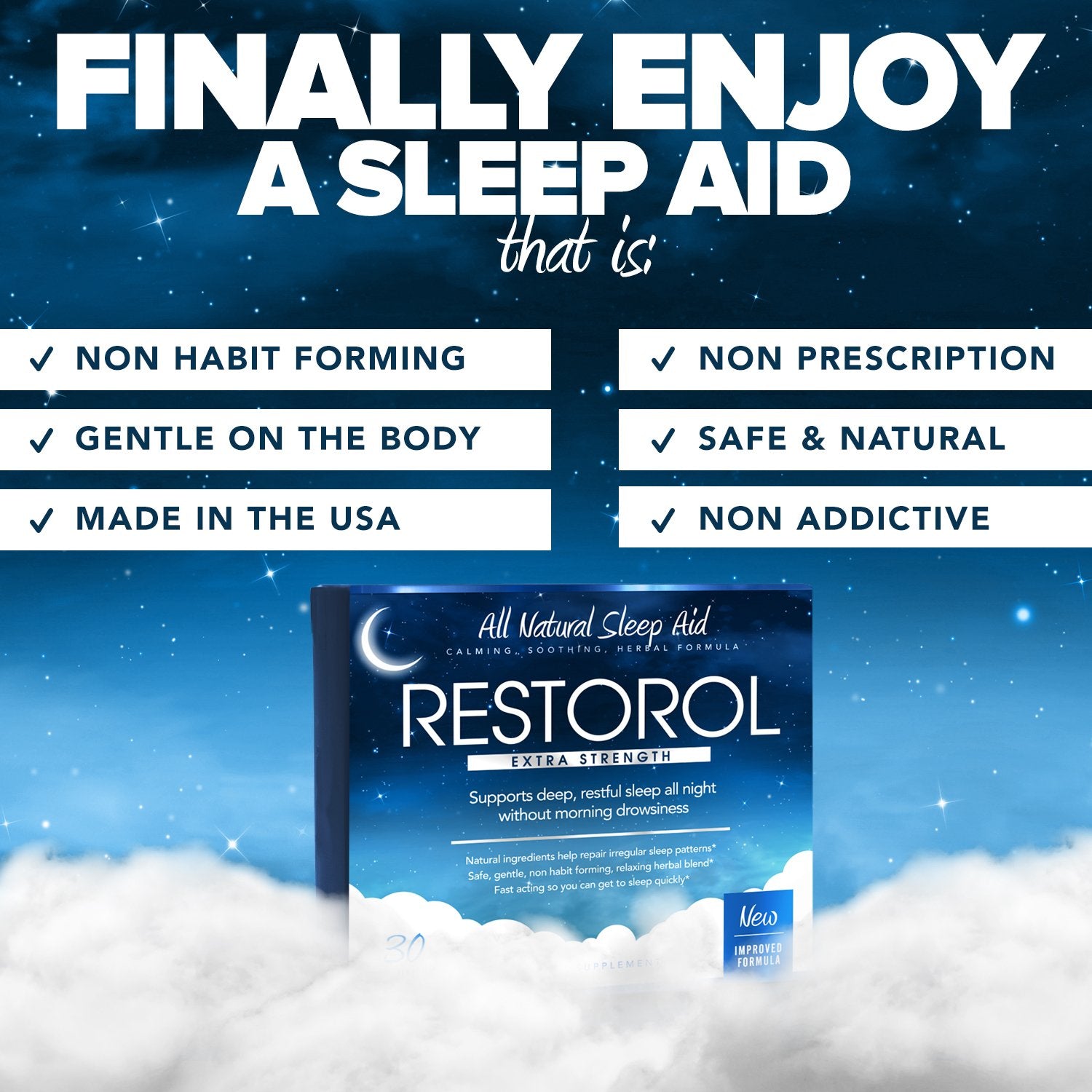 Restorol Sleep Supplement 50g lifestyle scene with daily wellness background