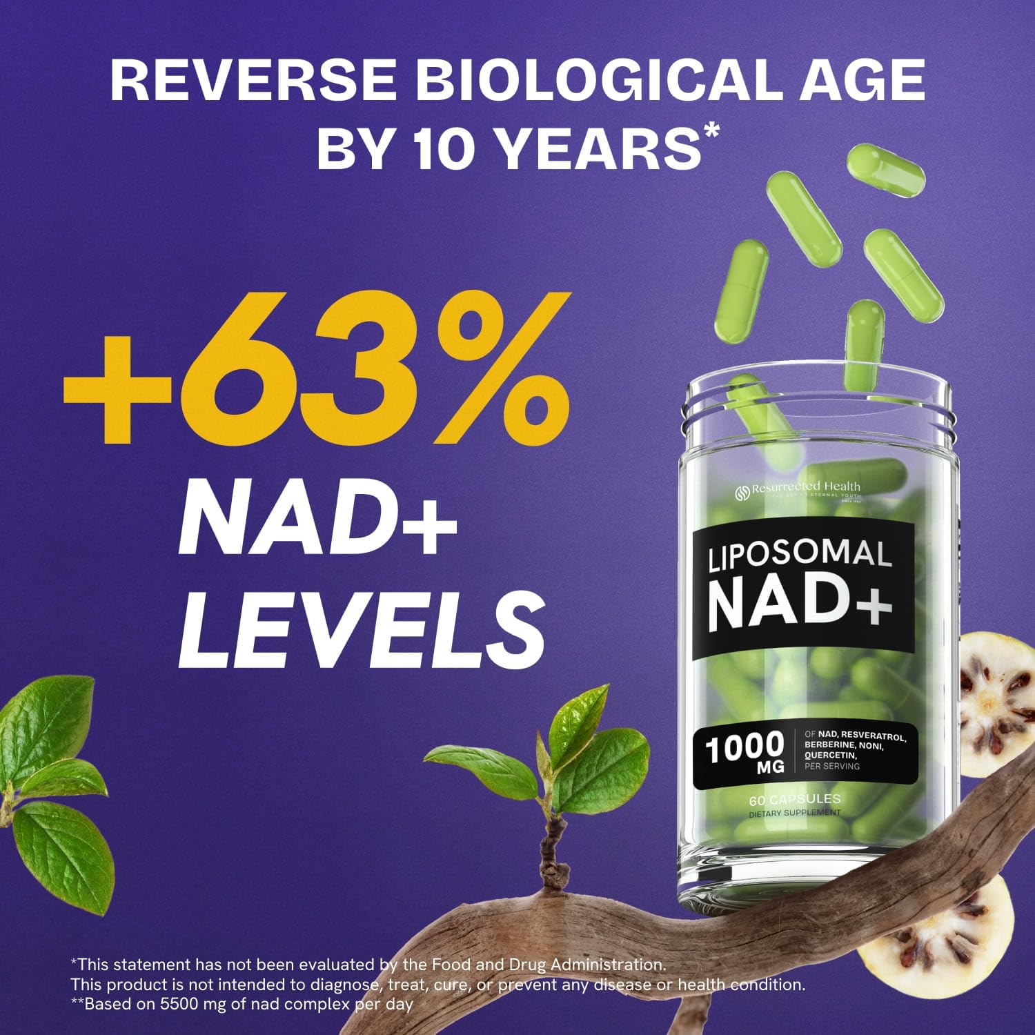 Resurrected Health NAD Plus Liposomal Supplement side view with dosage information