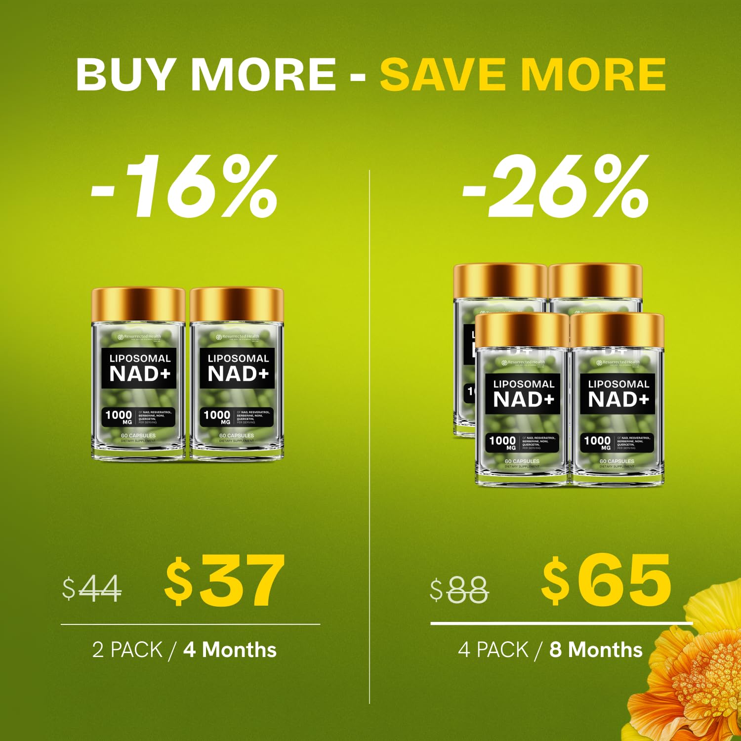 Resurrected Health NAD+ Plus Supplement 100g displayed with other supplements