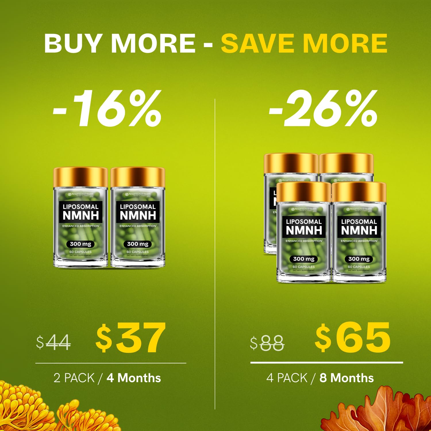 Resurrected Health NMNH Capsules 300mg with a measuring spoon