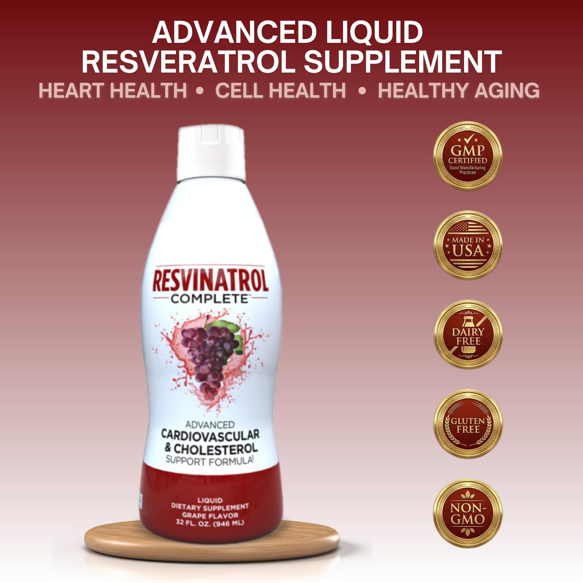 Resvinatrol Complete liquid supplement bottle with grape flavour