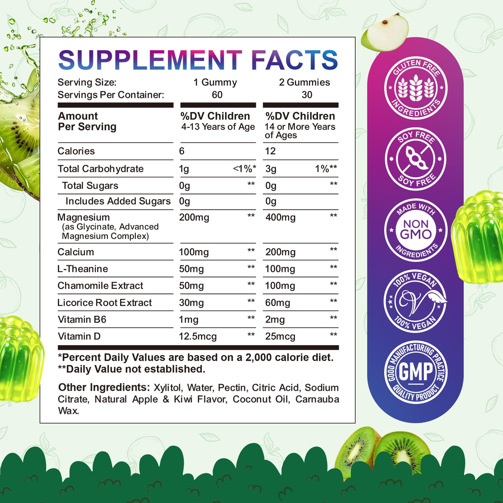 ReviNutra Calm Magnesium Gummies displayed with fresh apples and kiwis