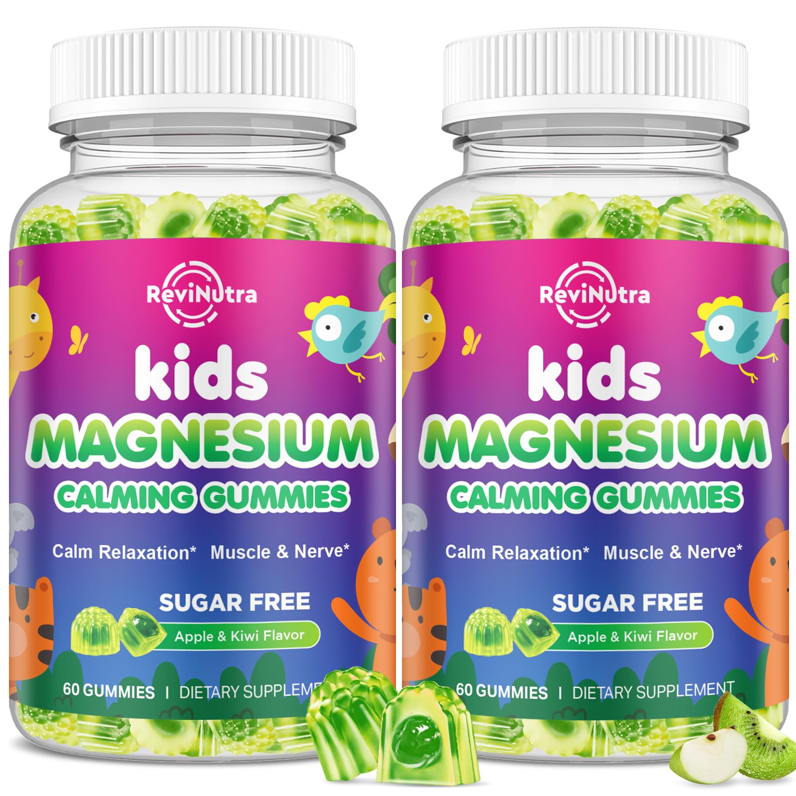 ReviNutra Calm Magnesium Gummies front view, apple & kiwi flavour