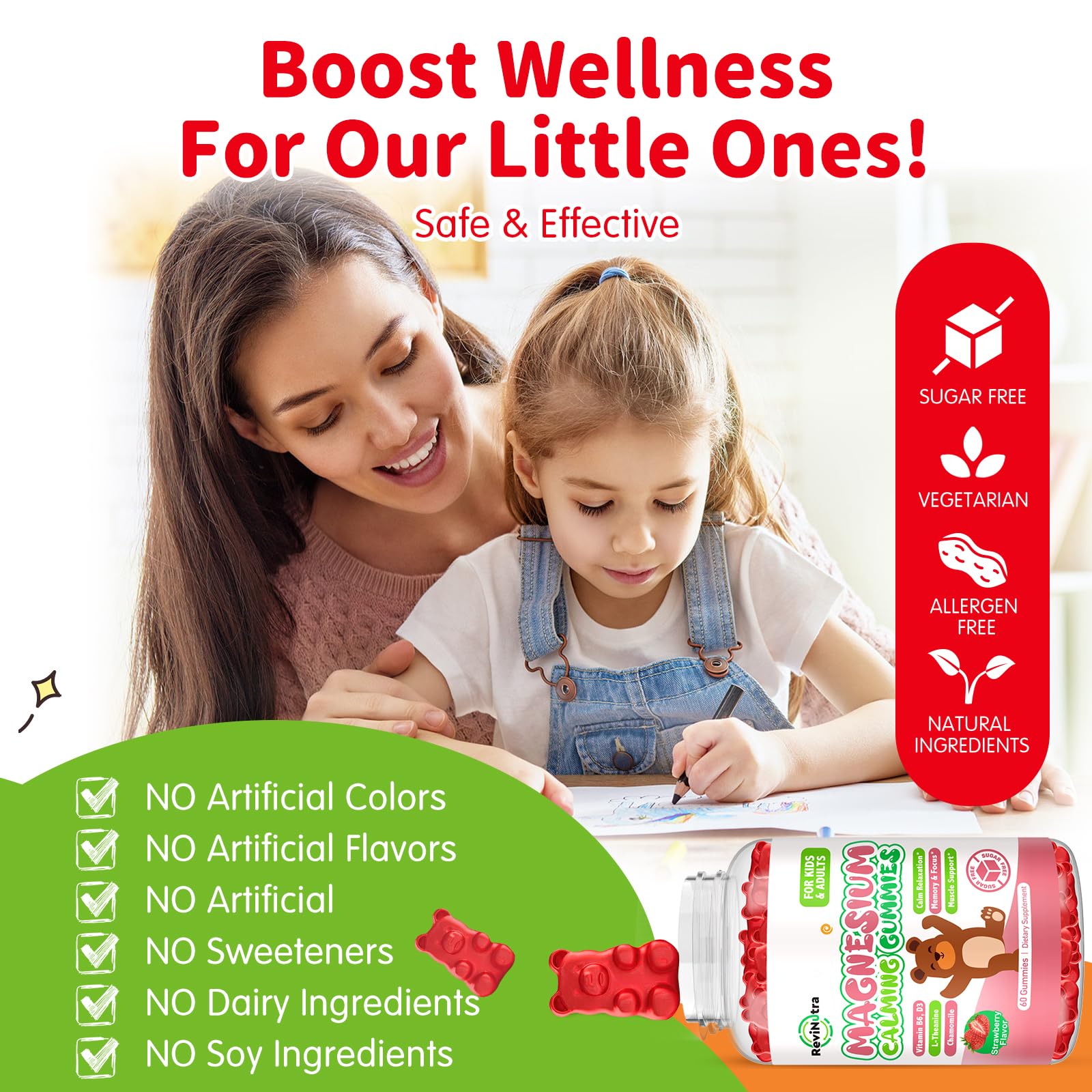 ReviNutra Calm Magnesium Gummies with fresh strawberries