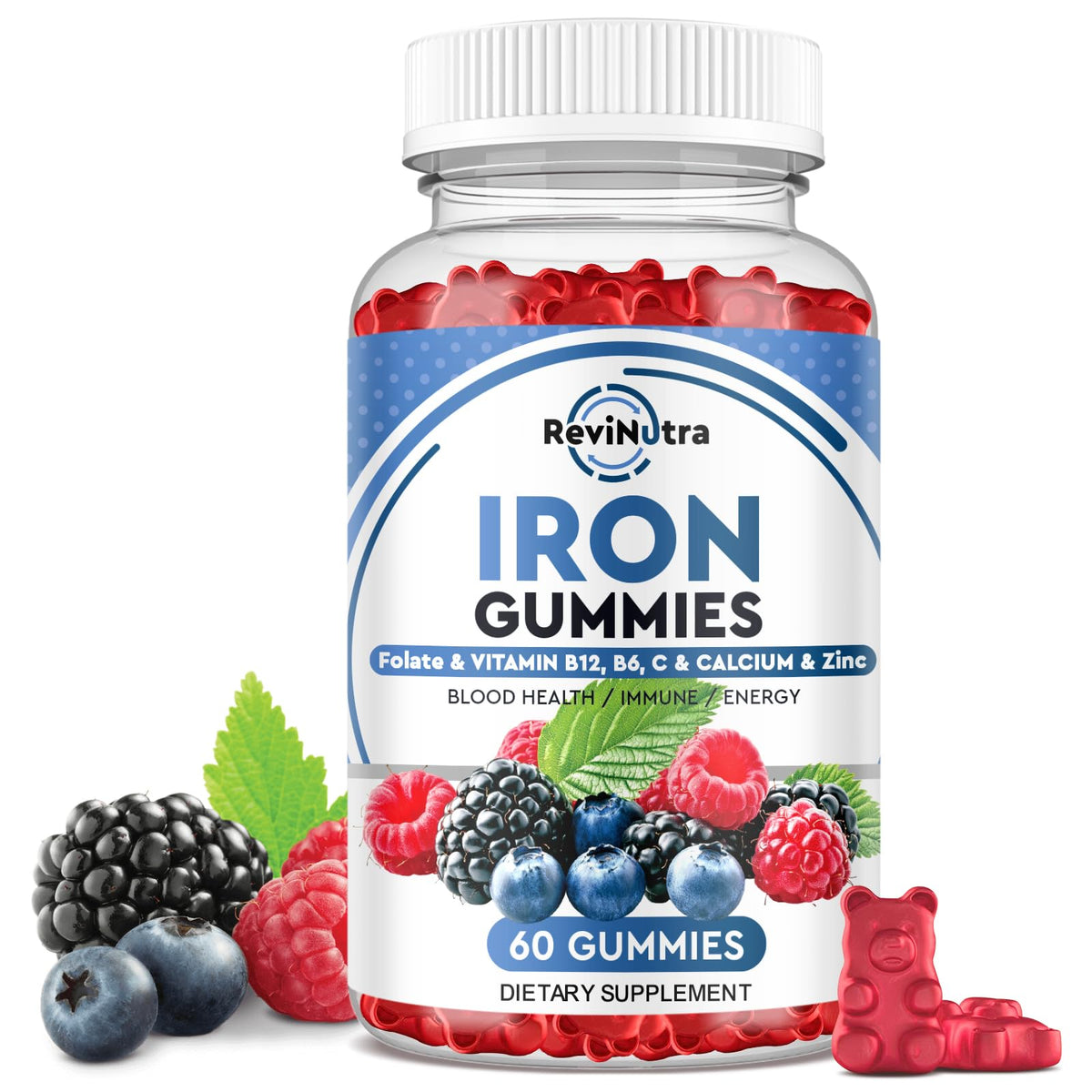 ReviNutra Iron Gummies 200g front view with mixed berry flavour