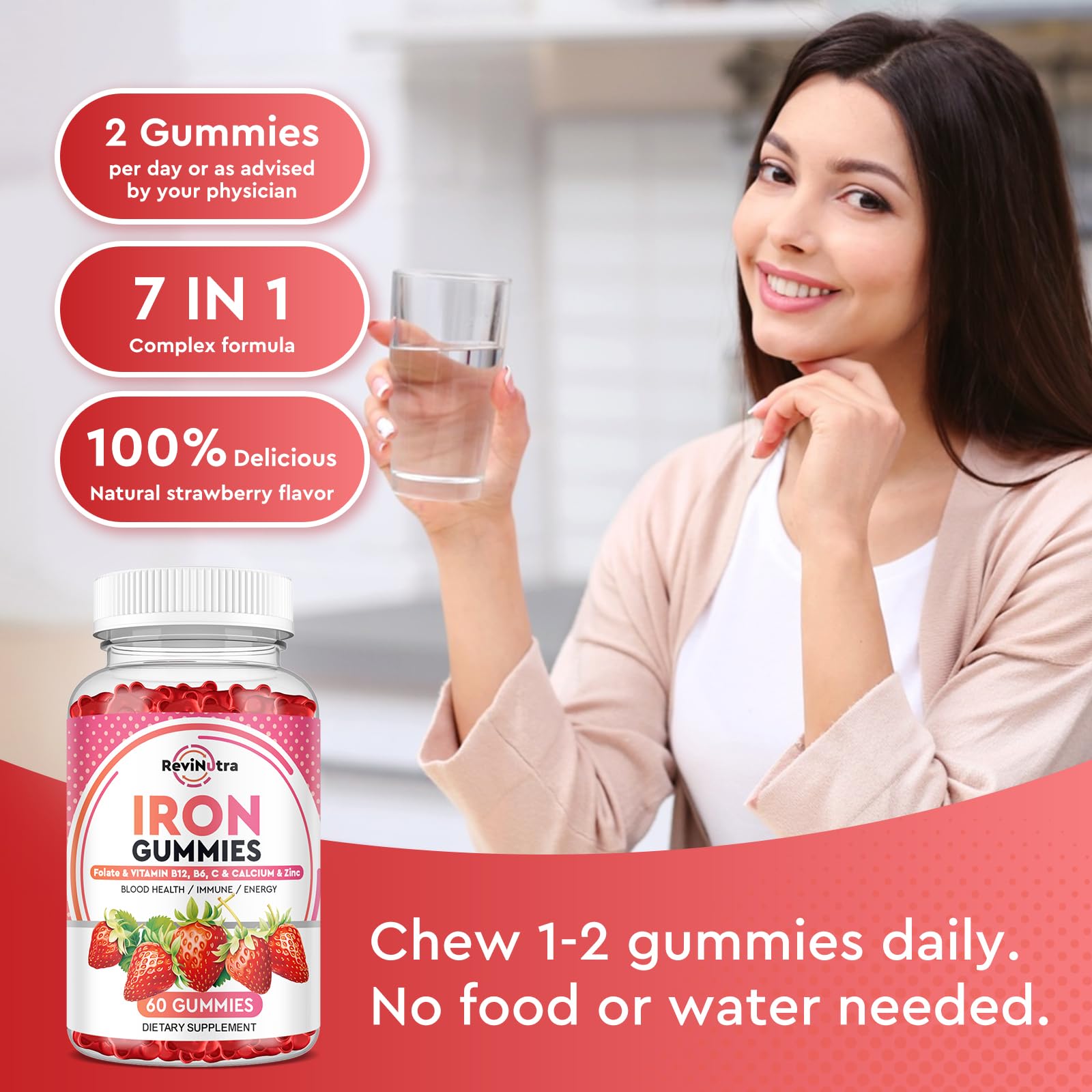 ReviNutra Iron Gummies displayed on a kitchen counter